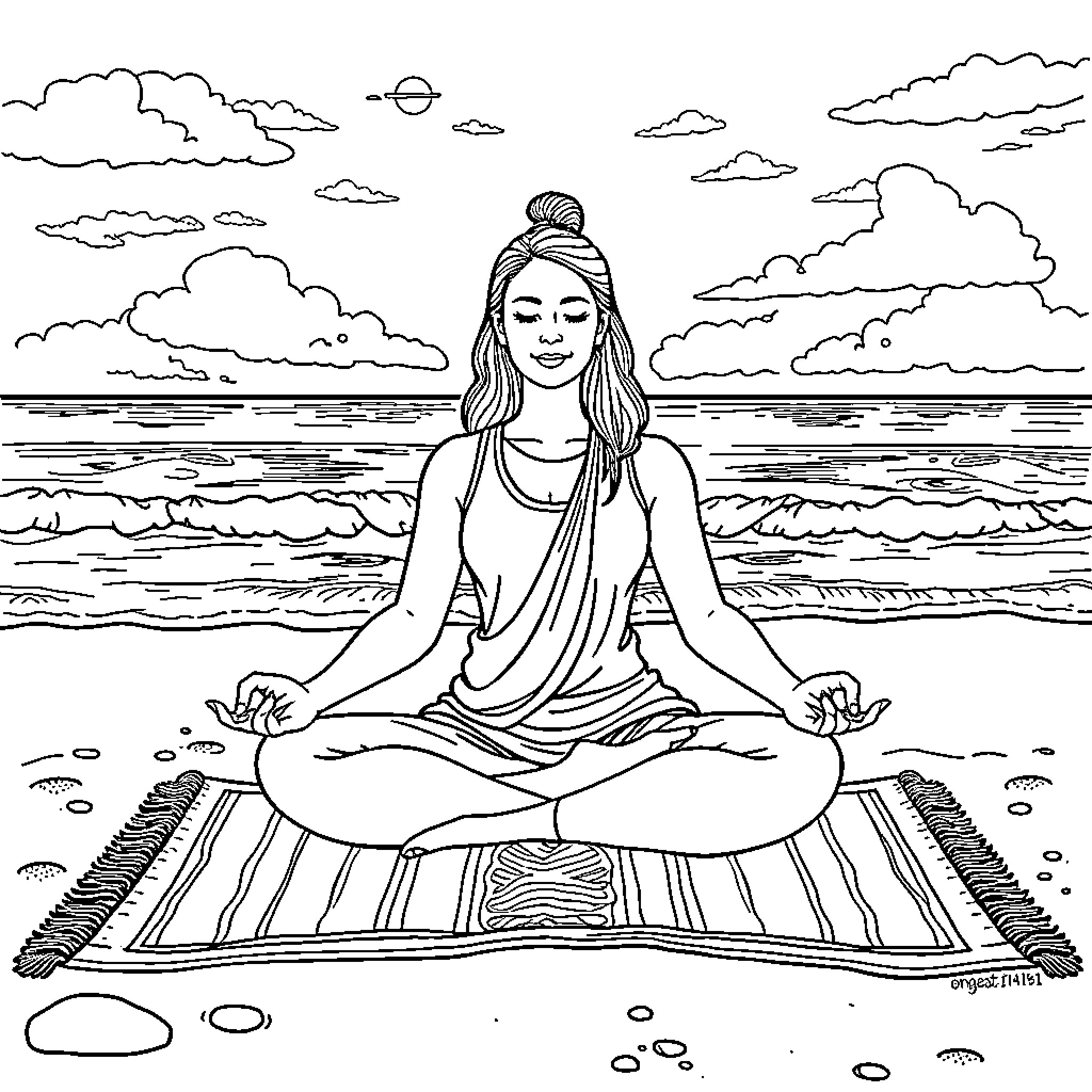 Yoga Teacher Meditating by the Peaceful Ocean Coloring Page (free black-and-white line drawing printable PDF for all, from beginners to advanced learners, including children, teens, adults, and seniors)