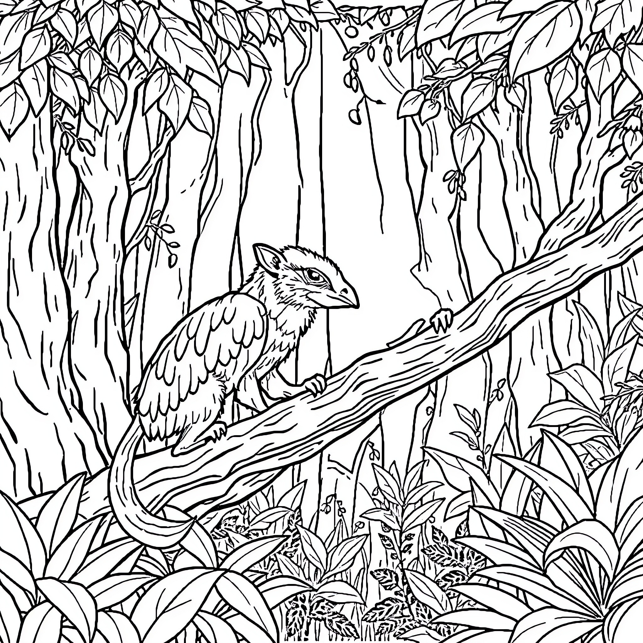 Animal perched on tree branch in lush forest Coloring Page (free black-and-white line drawing printable PDF for all, from beginners to advanced learners, including children, teens, adults, and seniors)