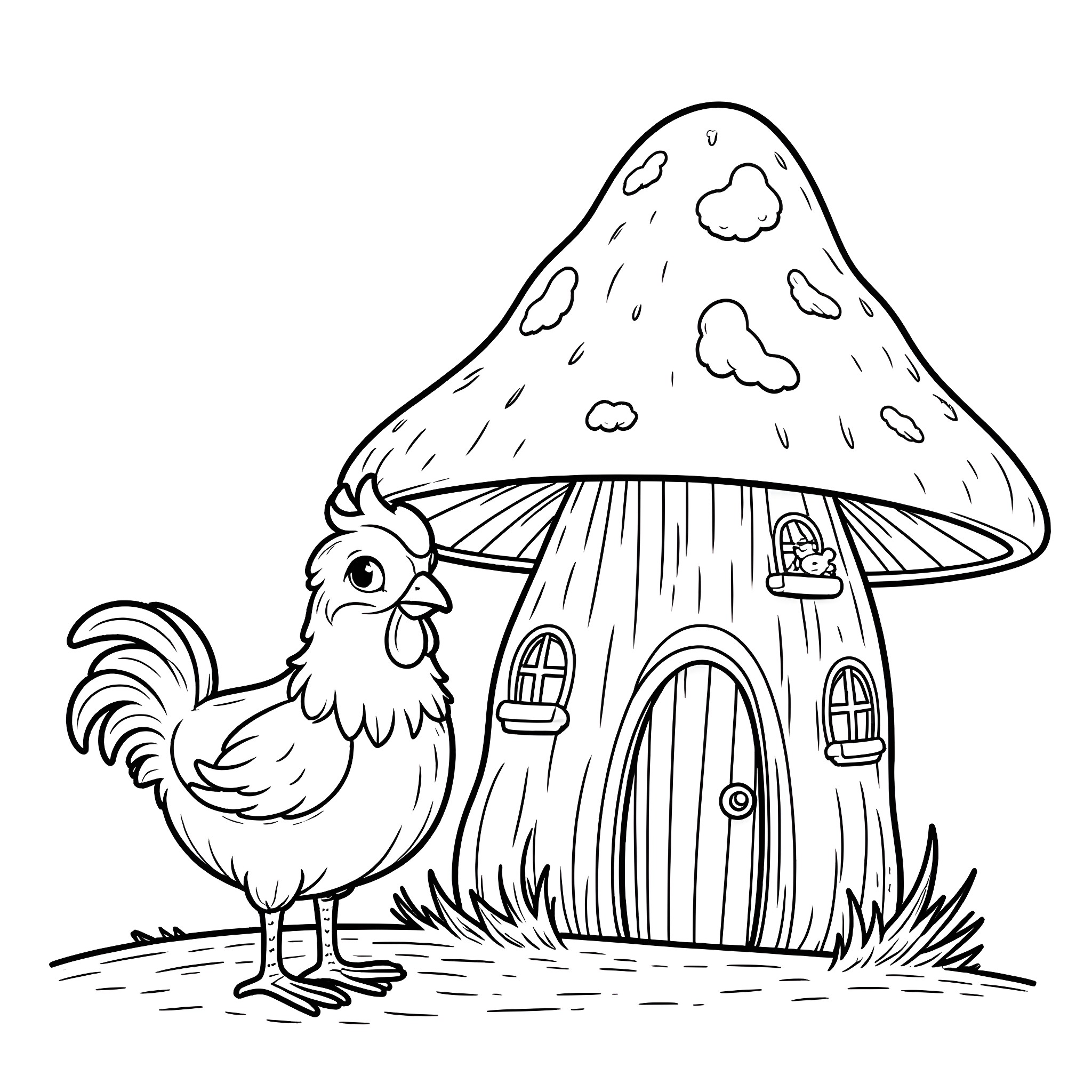 Chicken exploring a whimsical mushroom house Coloring Page (free black-and-white line drawing printable PDF for all, from beginners to advanced learners, including children, teens, adults, and seniors)