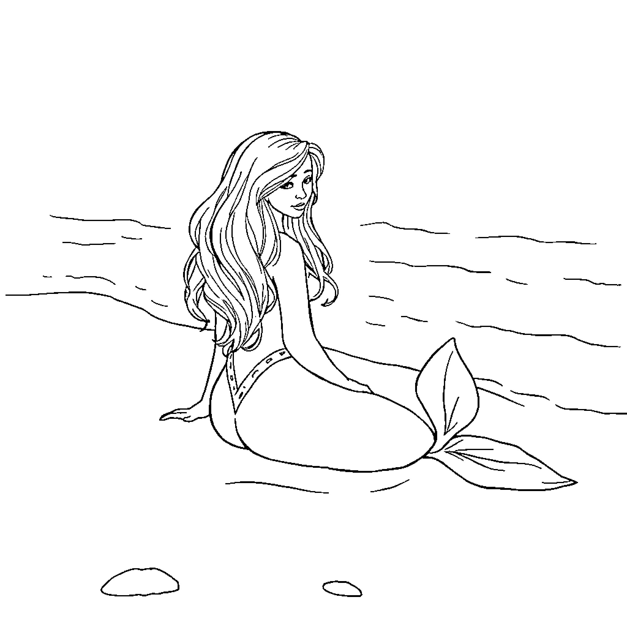 Mermaid admiring the ocean view Coloring Page (free black-and-white line drawing printable PDF for all, from beginners to advanced learners, including children, teens, adults, and seniors)