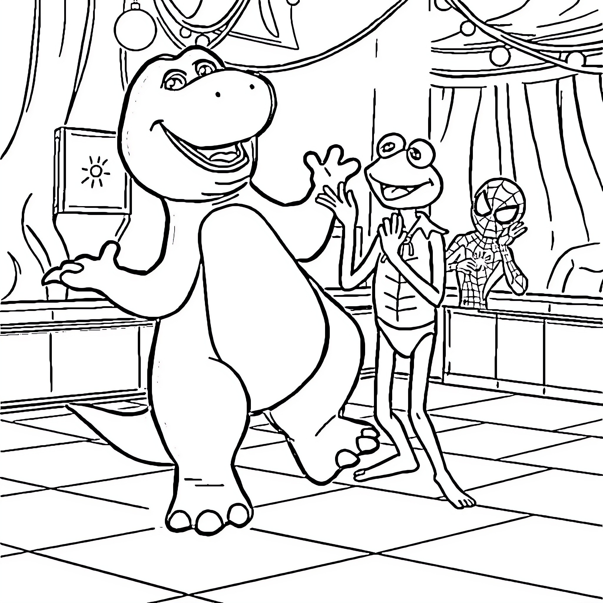 Barney and Friends in Playful Adventure Coloring Page (free black-and-white line drawing printable PDF for all, from beginners to advanced learners, including children, teens, adults, and seniors)