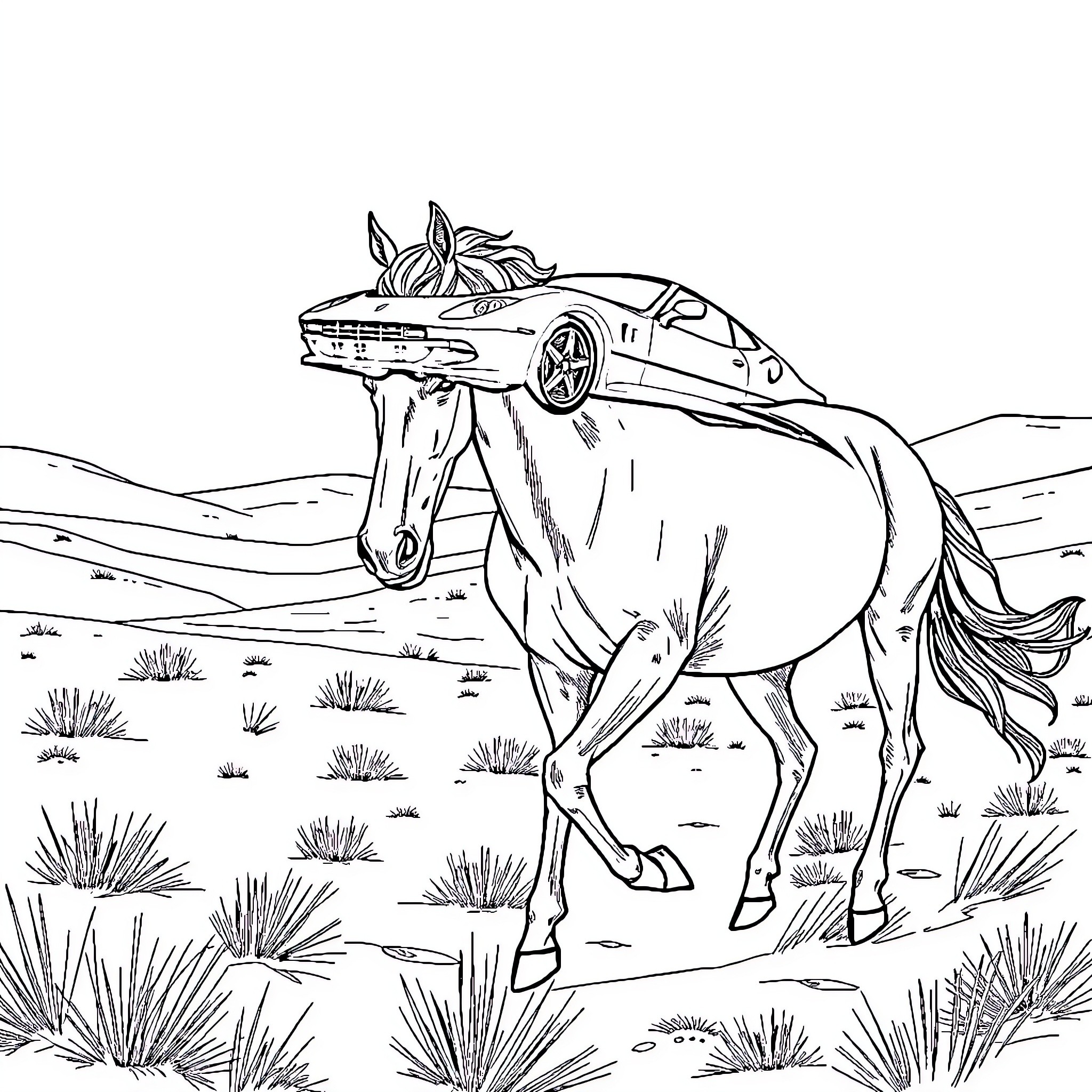 Ferrari hybrid horse traversing desert landscape Coloring Page (free black-and-white line drawing printable PDF for all, from beginners to advanced learners, including children, teens, adults, and seniors)