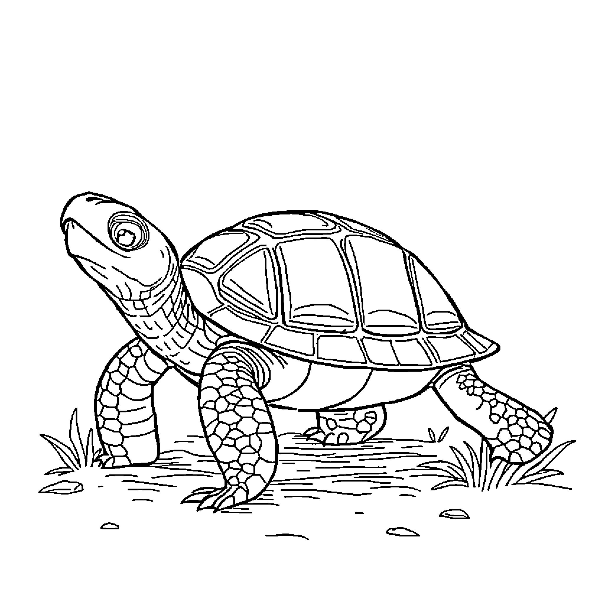 Turtle enjoying a scenic walk in the park Coloring Page (free black-and-white line drawing printable PDF for all, from beginners to advanced learners, including children, teens, adults, and seniors)