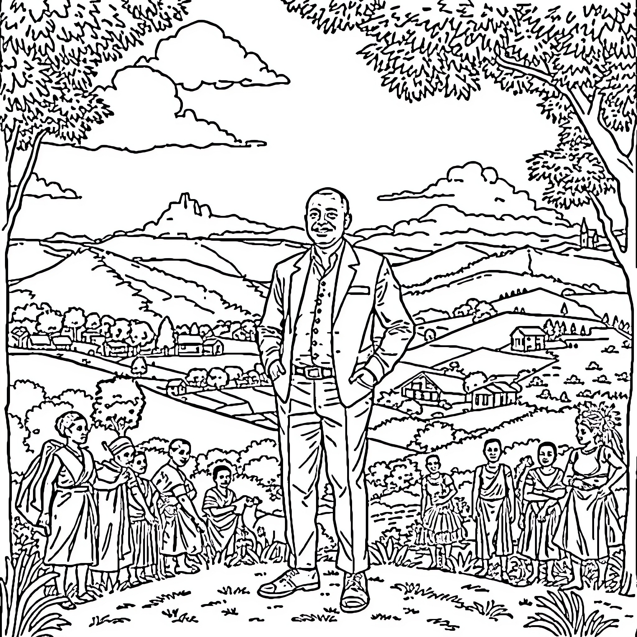 Benjamin Mkapa interacting with people in rural setting Coloring Page (free black-and-white line drawing printable PDF for all, from beginners to advanced learners, including children, teens, adults, and seniors)