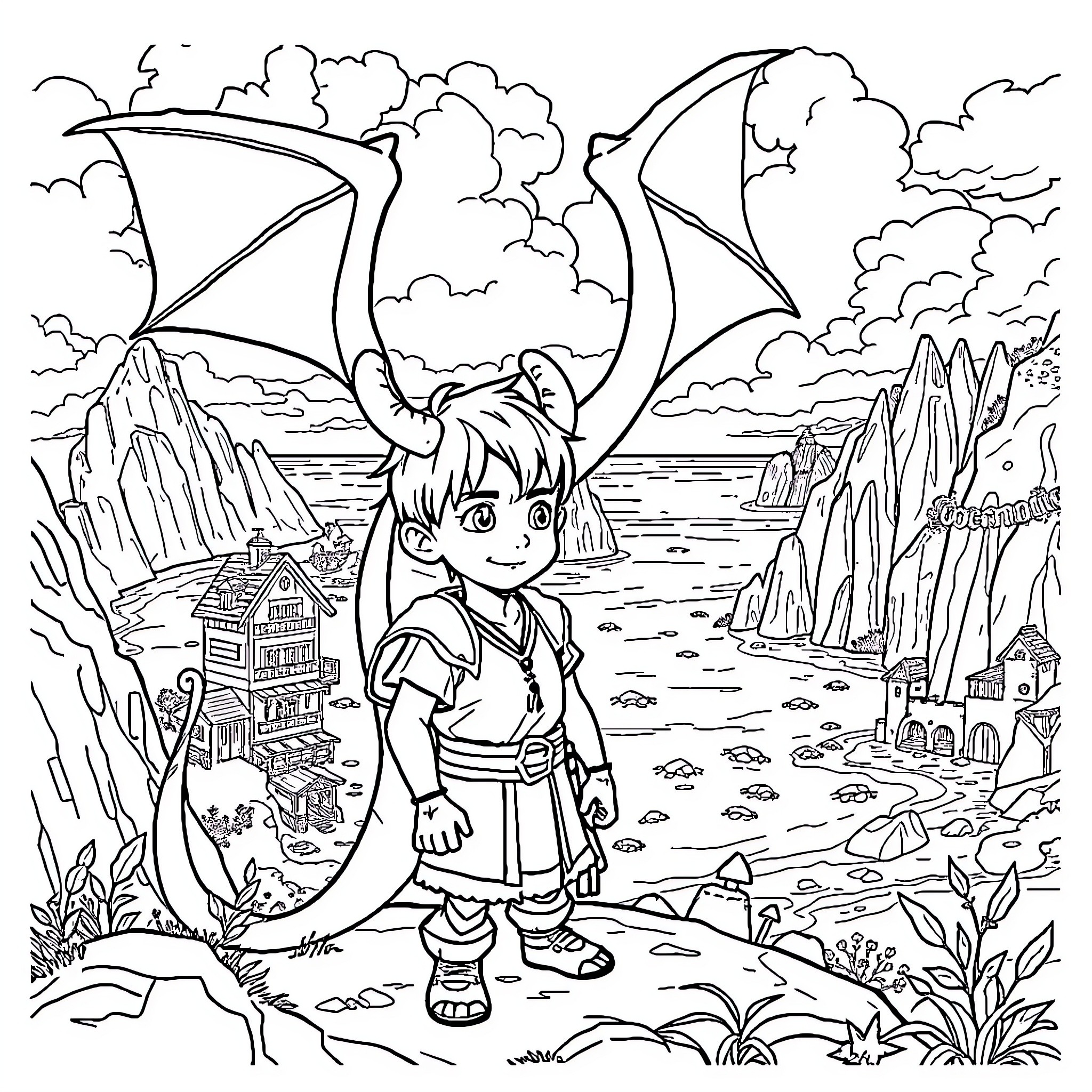 Dragon Rider Exploring the Fantastic Landscape Coloring Page (free black-and-white line drawing printable PDF for all, from beginners to advanced learners, including children, teens, adults, and seniors)