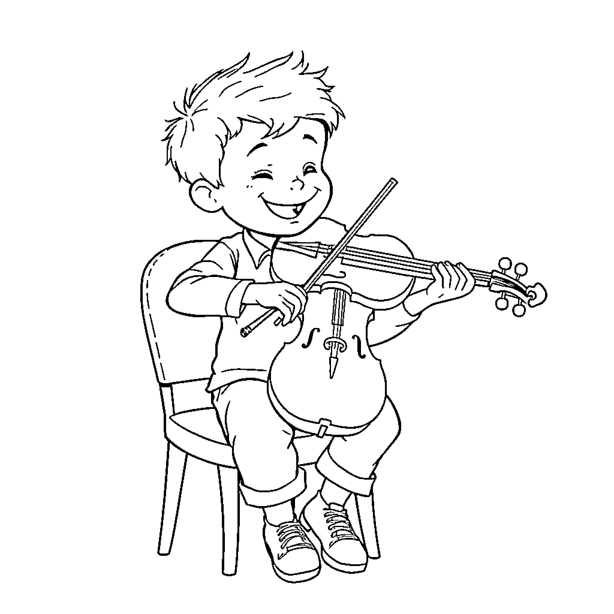 Boy playing the violin happily Coloring Page (free black-and-white line drawing printable PDF for all, from beginners to advanced learners, including children, teens, adults, and seniors)