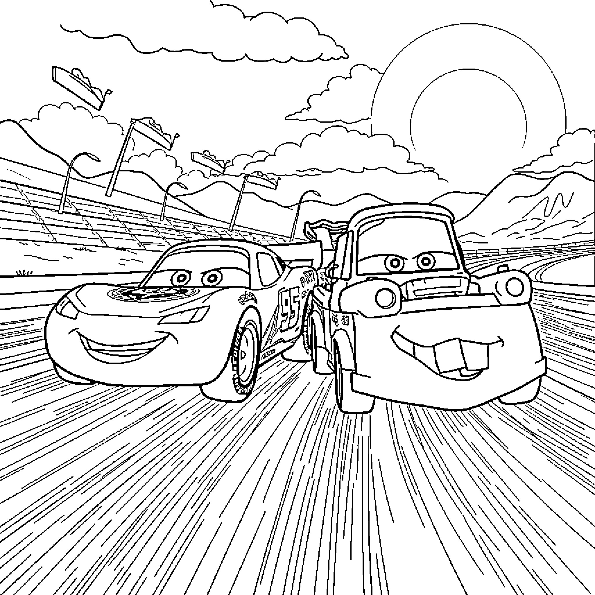 Lightning McQueen and Mater racing on the open road Coloring Page (free black-and-white line drawing printable PDF for all, from beginners to advanced learners, including children, teens, adults, and seniors)