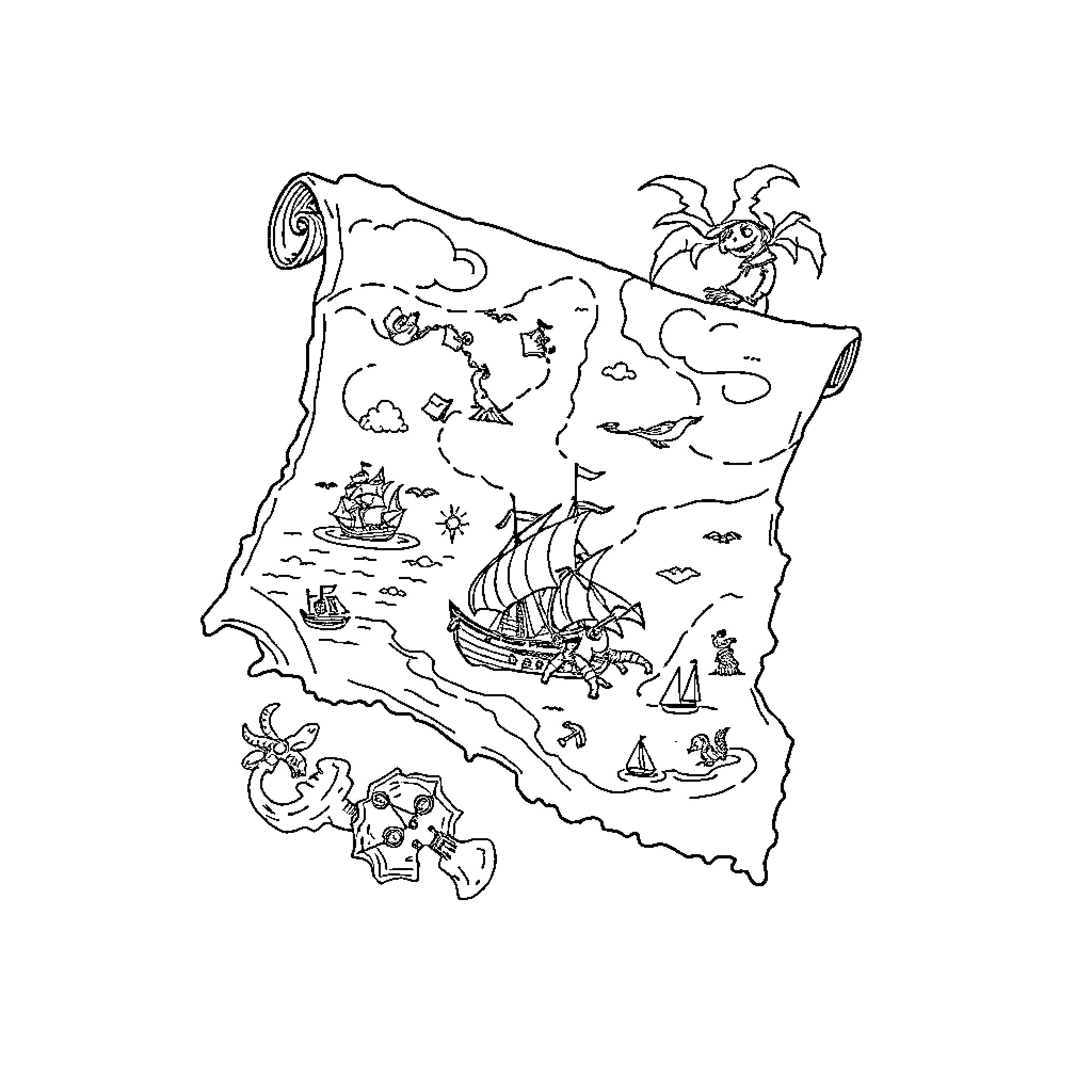Treasure Map Depicting Pirate Ships and Tropical Island Coloring Page (free black-and-white line drawing printable PDF for all, from beginners to advanced learners, including children, teens, adults, and seniors)