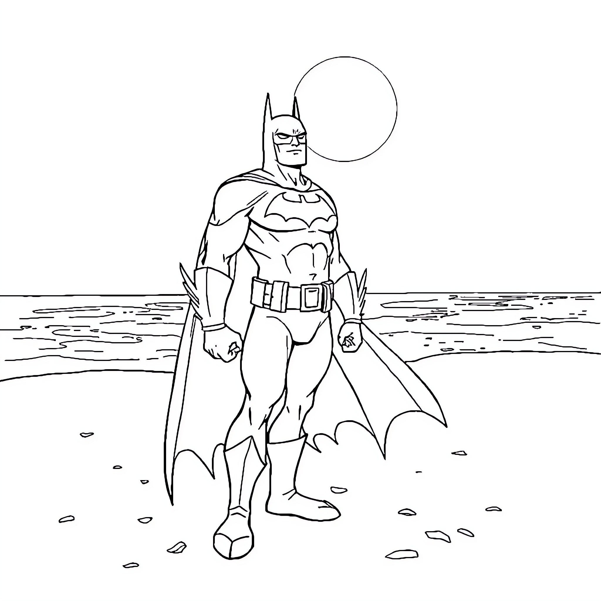 Batman standing tall on the beach Coloring Page (free black-and-white line drawing printable PDF for all, from beginners to advanced learners, including children, teens, adults, and seniors)