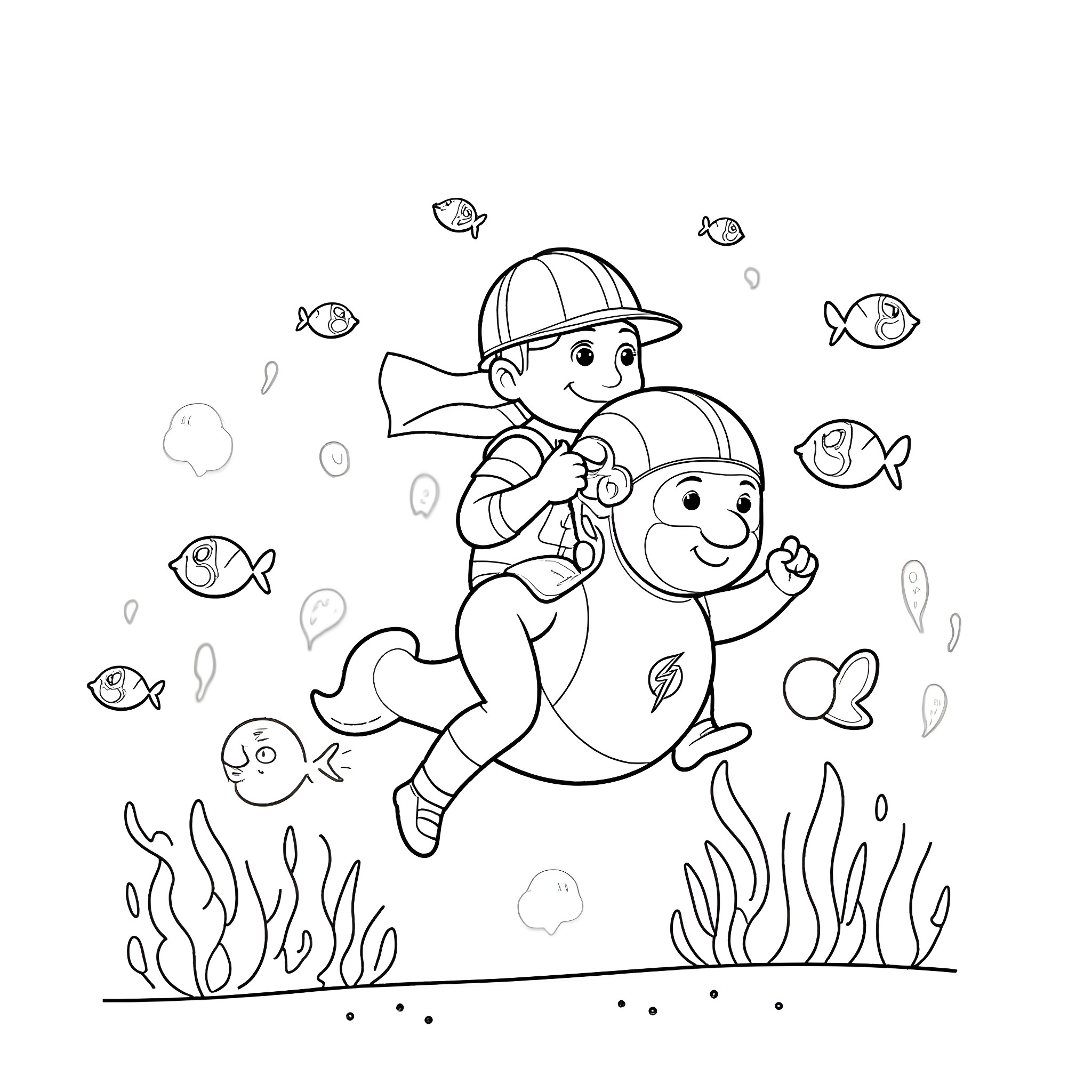 Bob the Builder exploring underwater with a friend Coloring Page (free black-and-white line drawing printable PDF for all, from beginners to advanced learners, including children, teens, adults, and seniors)