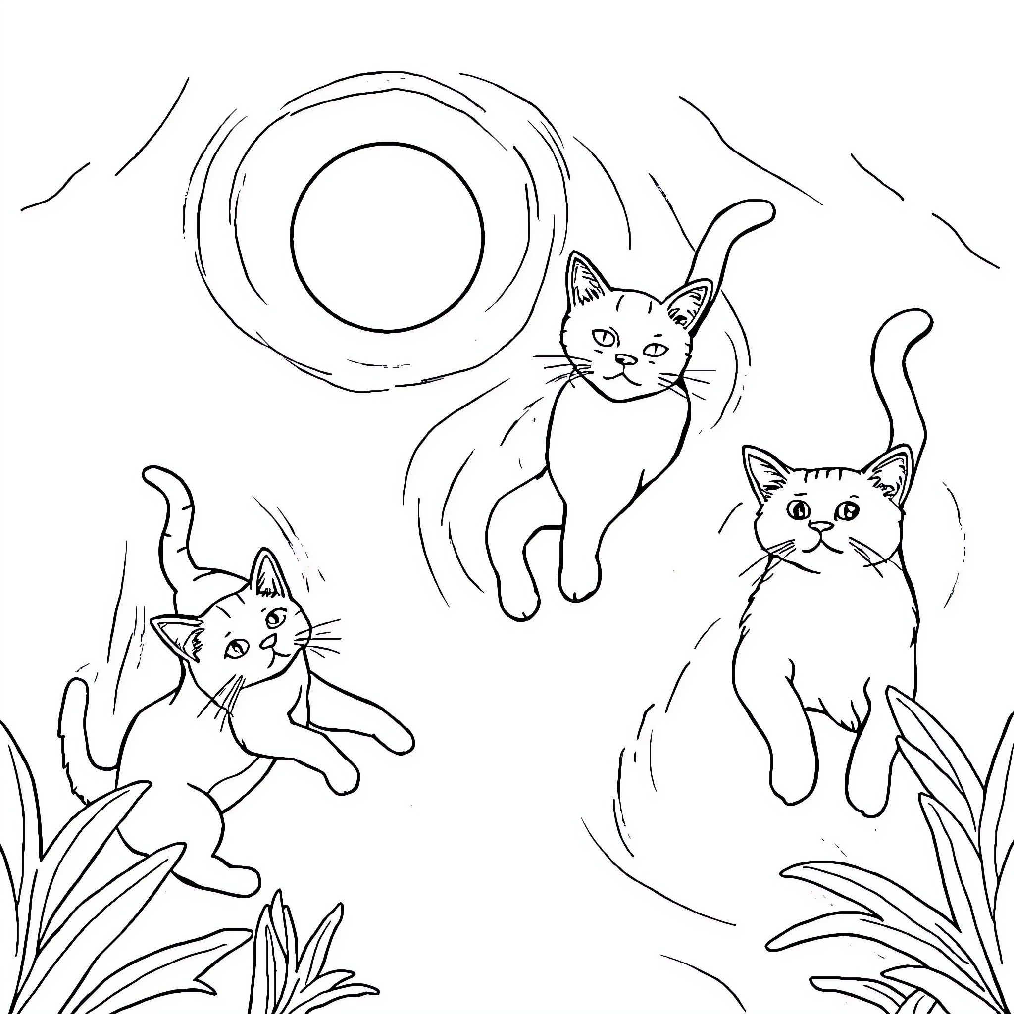 Cats playing in the wild Coloring Page (free black-and-white line drawing printable PDF for all, from beginners to advanced learners, including children, teens, adults, and seniors)