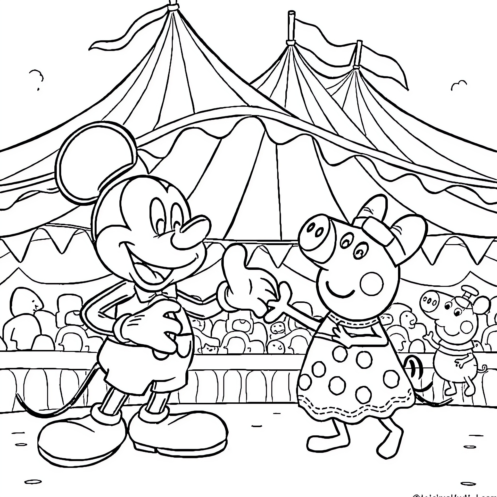 Mickey Mouse at the Carnival with Peppa Pig Coloring Page (free black-and-white line drawing printable PDF for all, from beginners to advanced learners, including children, teens, adults, and seniors)