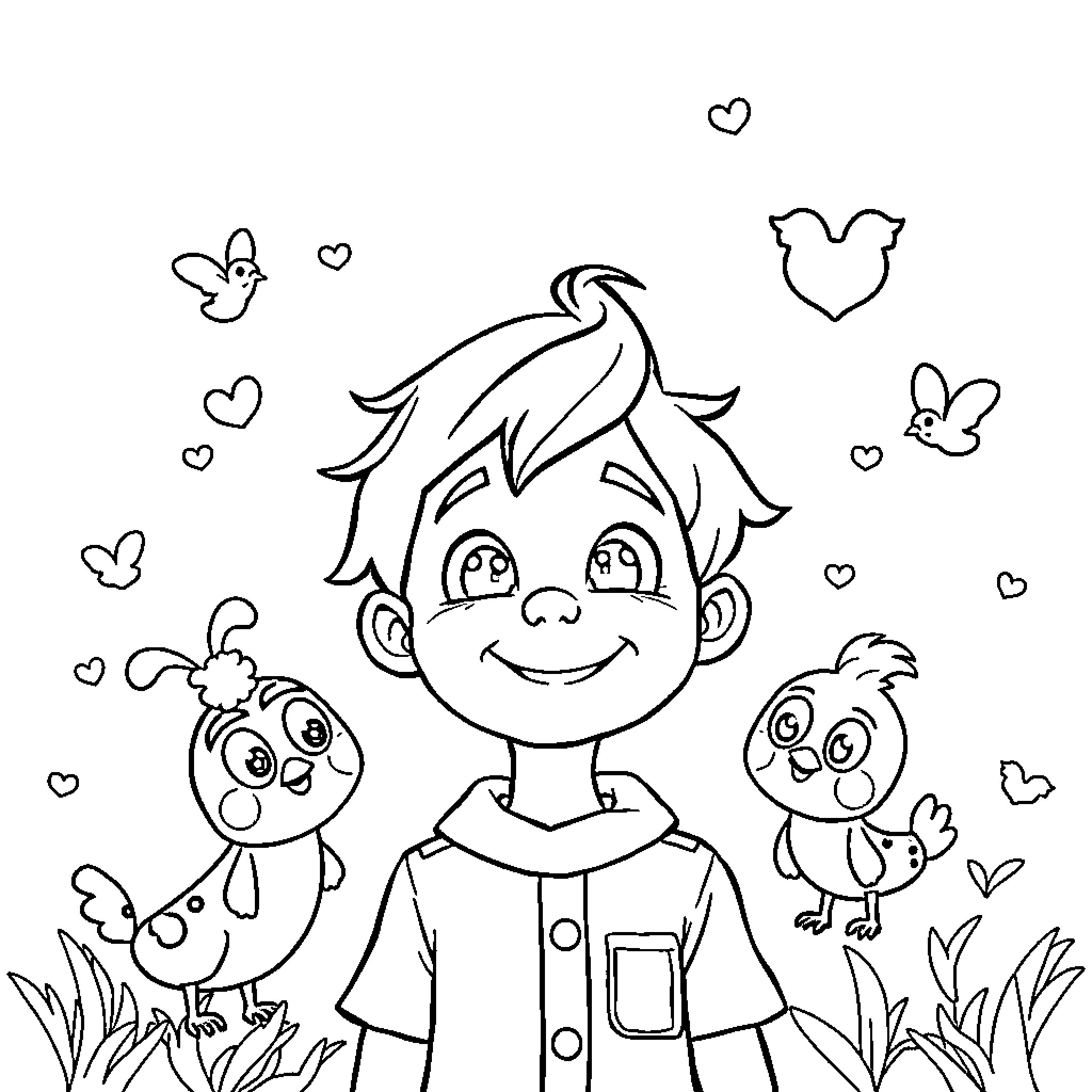 Tom Thomas's Playful Adventure with Friends Coloring Page (free black-and-white line drawing printable PDF for all, from beginners to advanced learners, including children, teens, adults, and seniors)