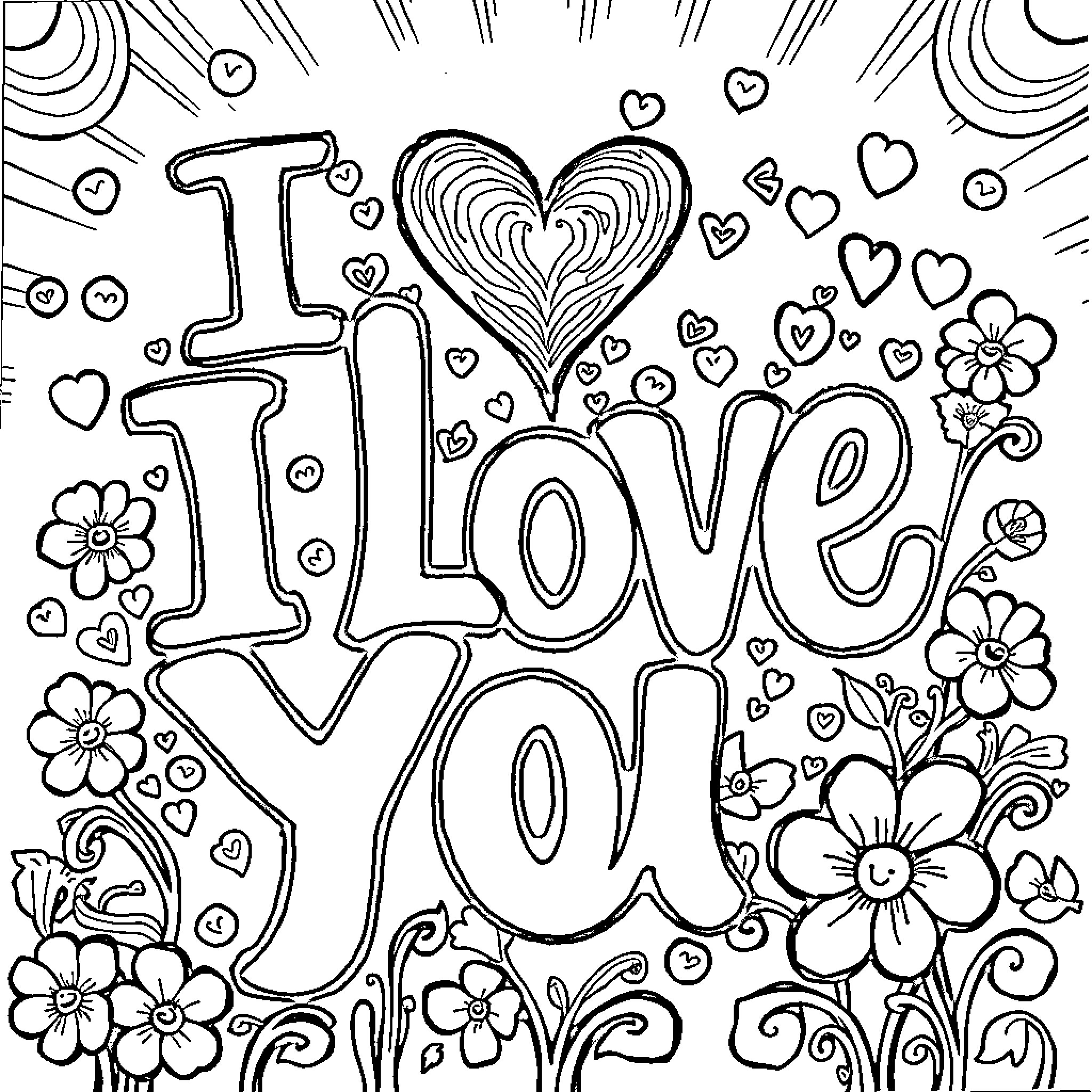 Love and floral expressions of affection Coloring Page (free black-and-white line drawing printable PDF for all, from beginners to advanced learners, including children, teens, adults, and seniors)