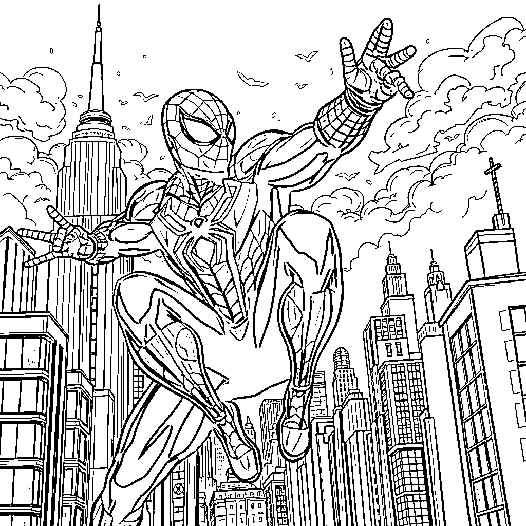 Spidey swings through the city skyline Coloring Page (free black-and-white line drawing printable PDF for all, from beginners to advanced learners, including children, teens, adults, and seniors)