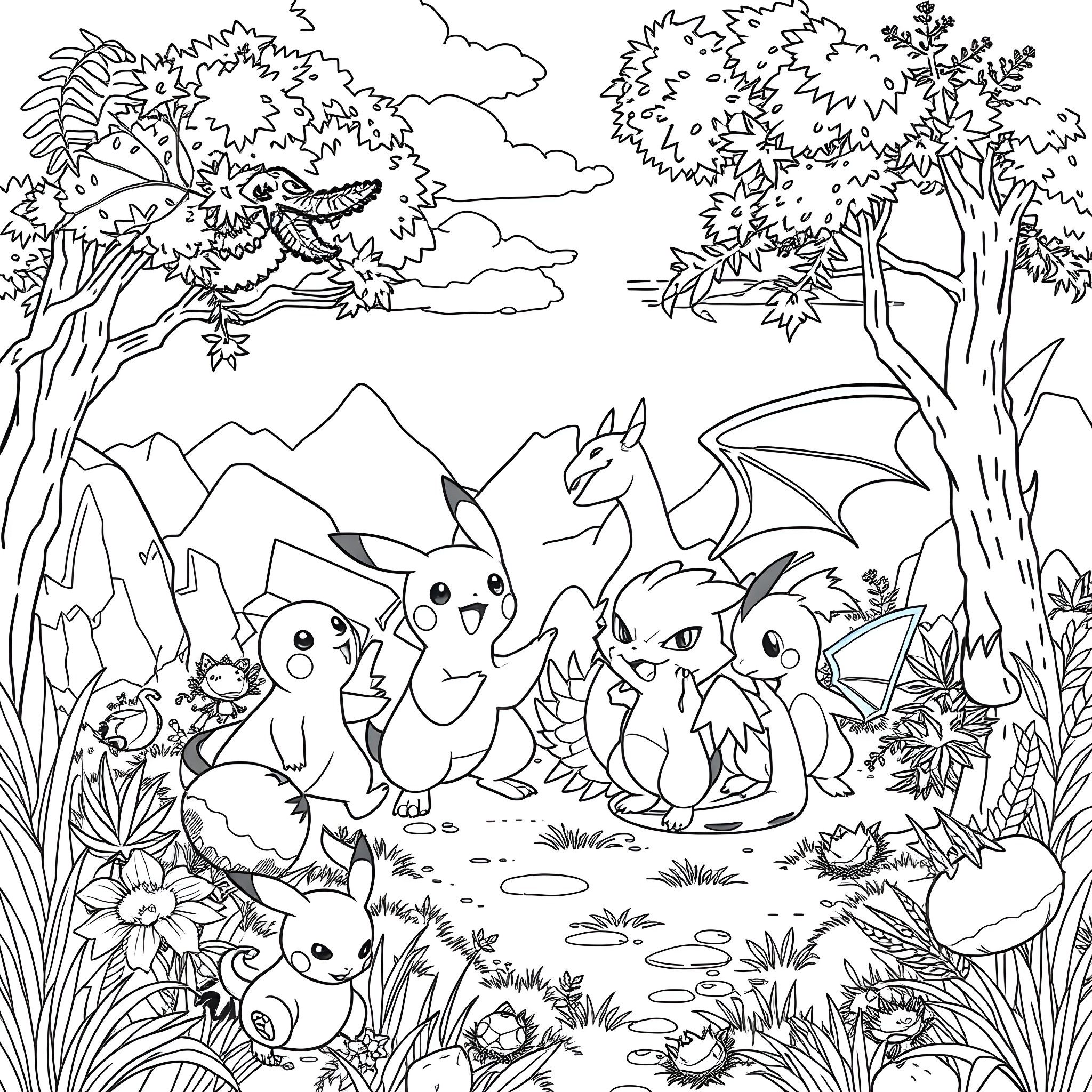 Pokémon Friends in a Magical Forest Landscape Coloring Page (free black-and-white line drawing printable PDF for all, from beginners to advanced learners, including children, teens, adults, and seniors)