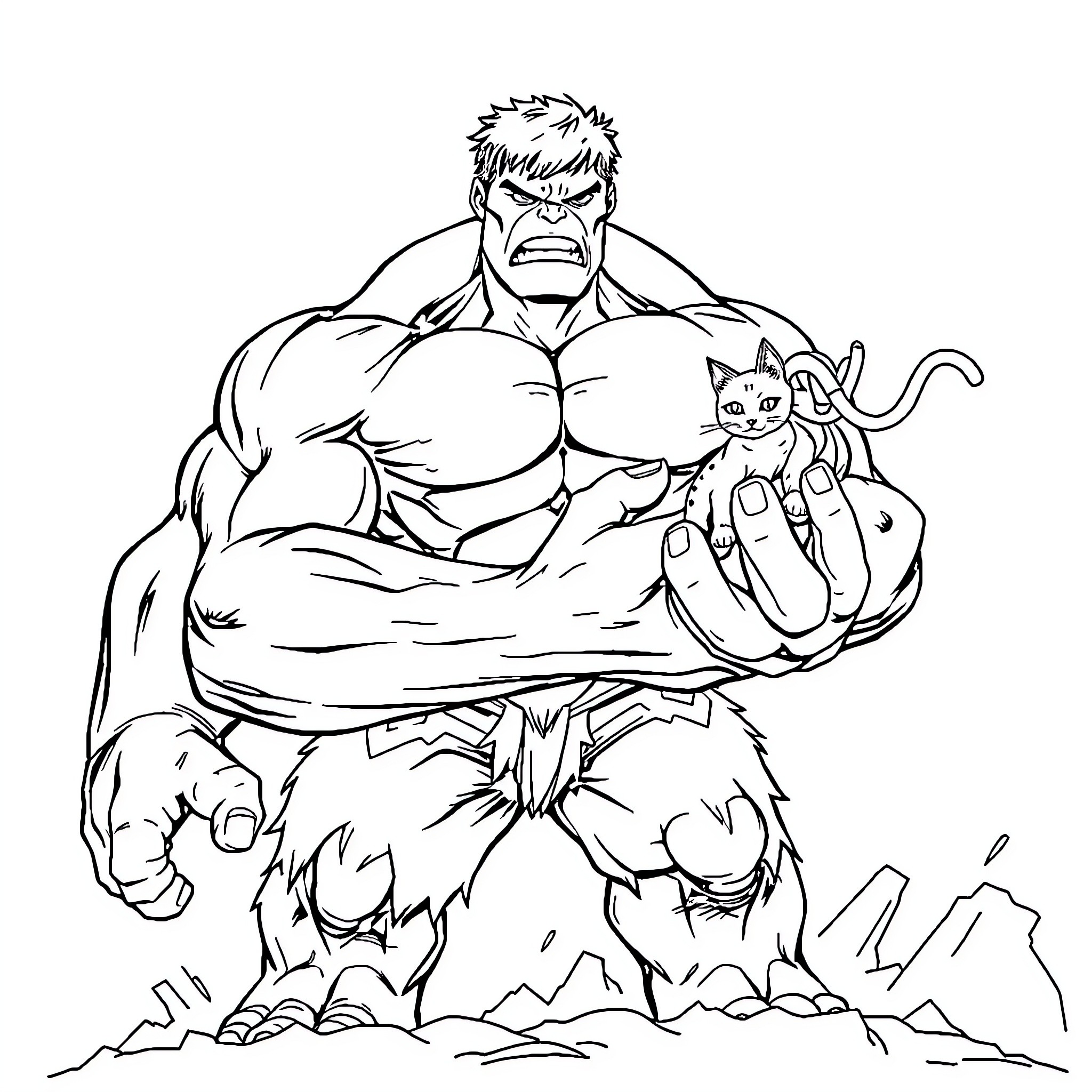 Hulk Unleashes Power with Feline Companion Coloring Page (free black-and-white line drawing printable PDF for all, from beginners to advanced learners, including children, teens, adults, and seniors)
