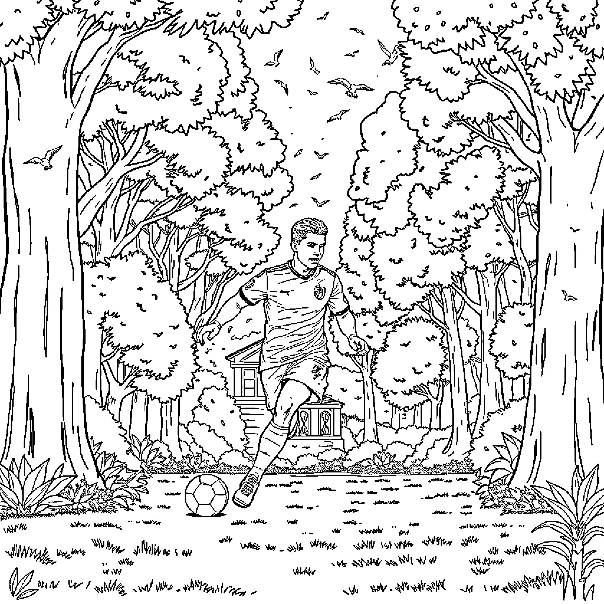 Ronaldo kicking soccer ball in dense forest Coloring Page (free black-and-white line drawing printable PDF for all, from beginners to advanced learners, including children, teens, adults, and seniors)