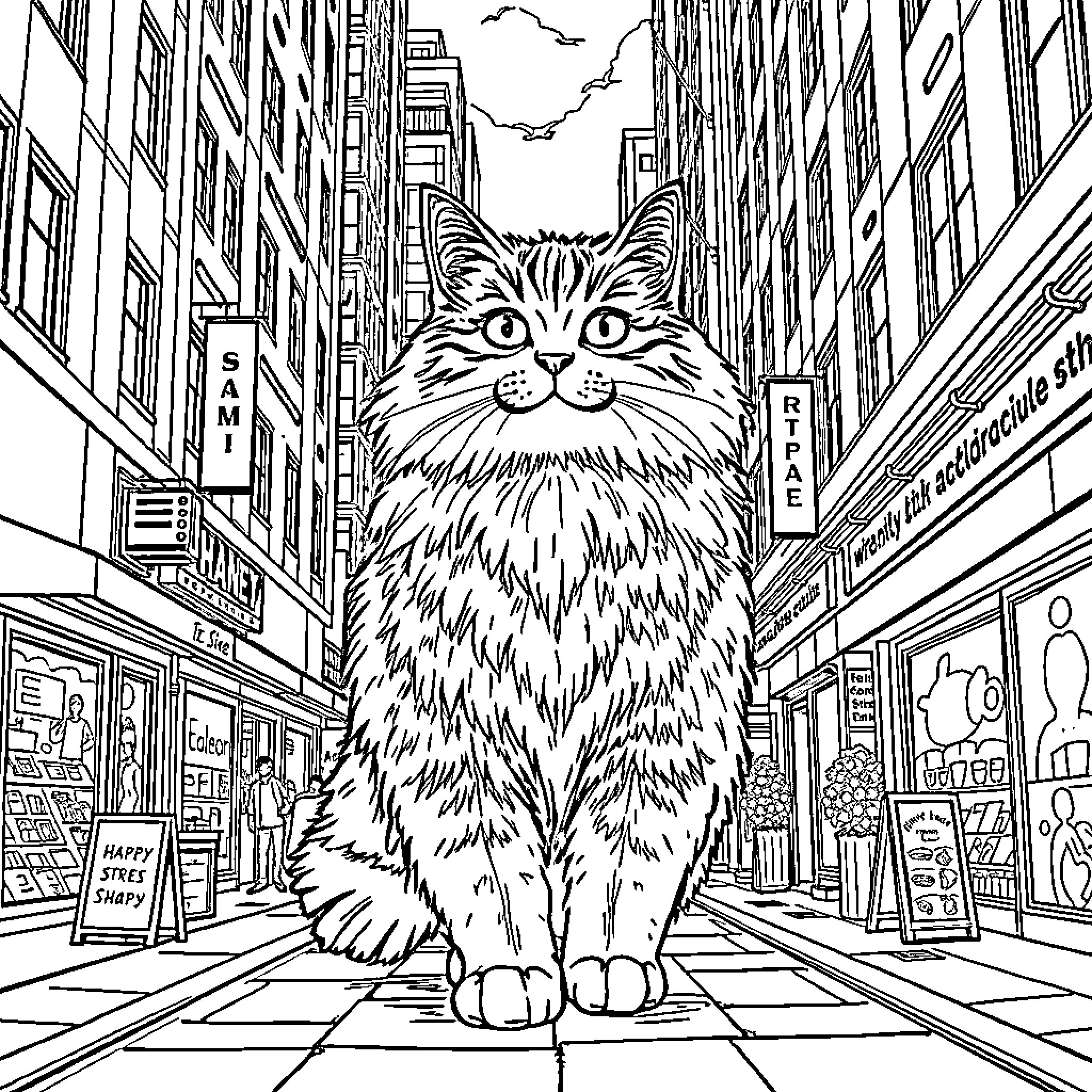 Cat exploring the city streets Coloring Page (free black-and-white line drawing printable PDF for all, from beginners to advanced learners, including children, teens, adults, and seniors)