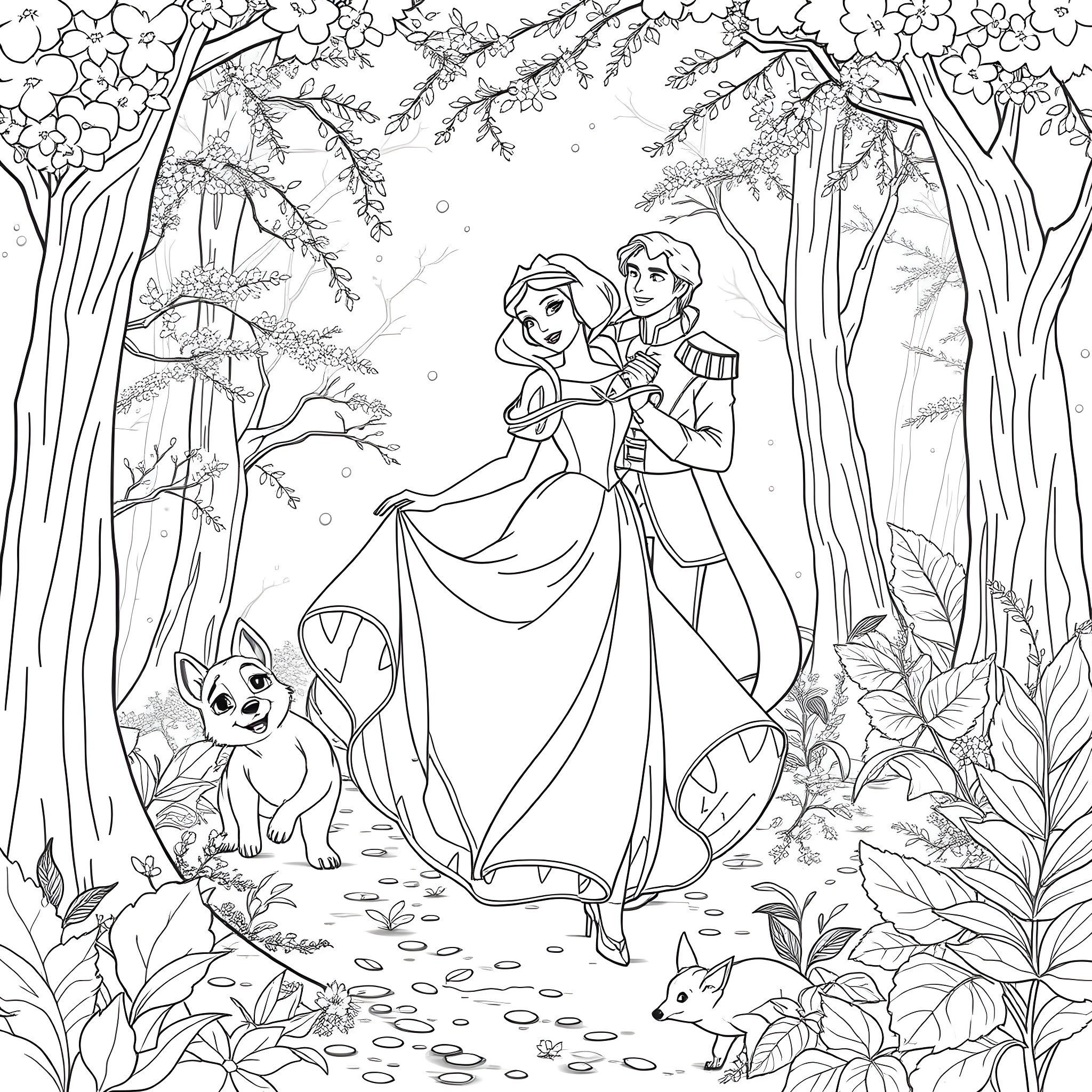 Snow White and the Prince in the Enchanted Forest Coloring Page (free black-and-white line drawing printable PDF for all, from beginners to advanced learners, including children, teens, adults, and seniors)
