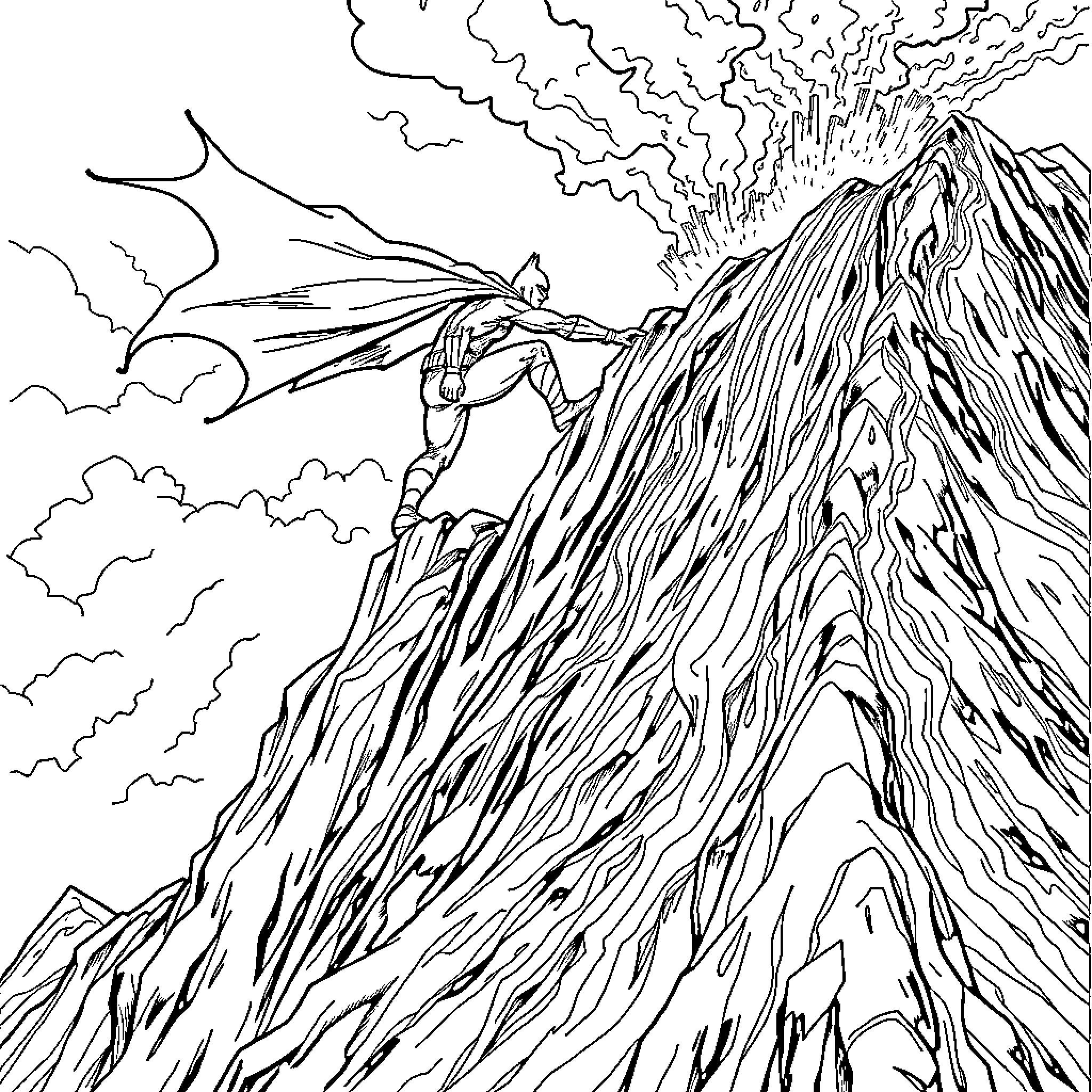 Batman Soaring Above Rugged Terrain Coloring Page (free black-and-white line drawing printable PDF for all, from beginners to advanced learners, including children, teens, adults, and seniors)
