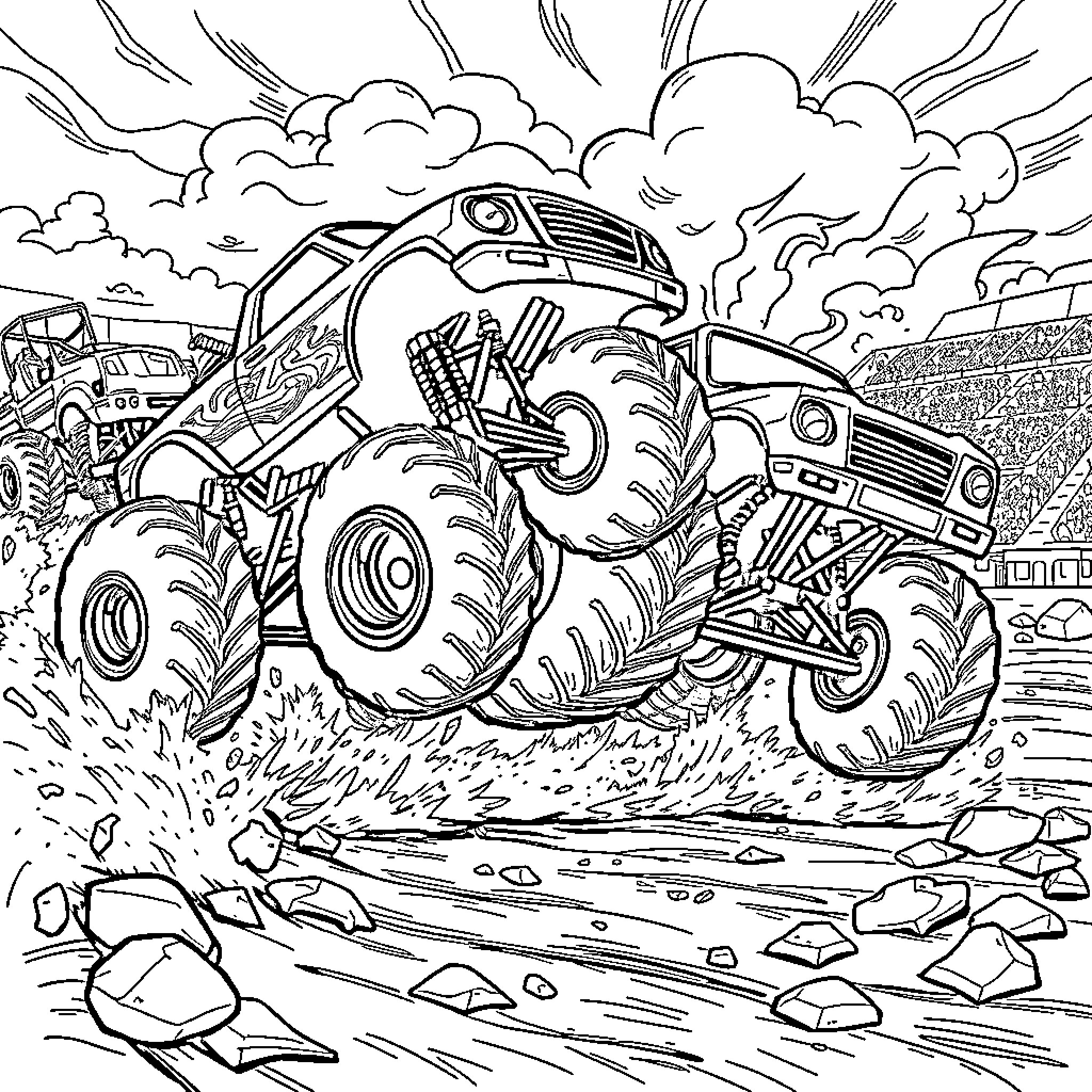 Monster Truck Tearing Through the Terrain Coloring Page (free black-and-white line drawing printable PDF for all, from beginners to advanced learners, including children, teens, adults, and seniors)