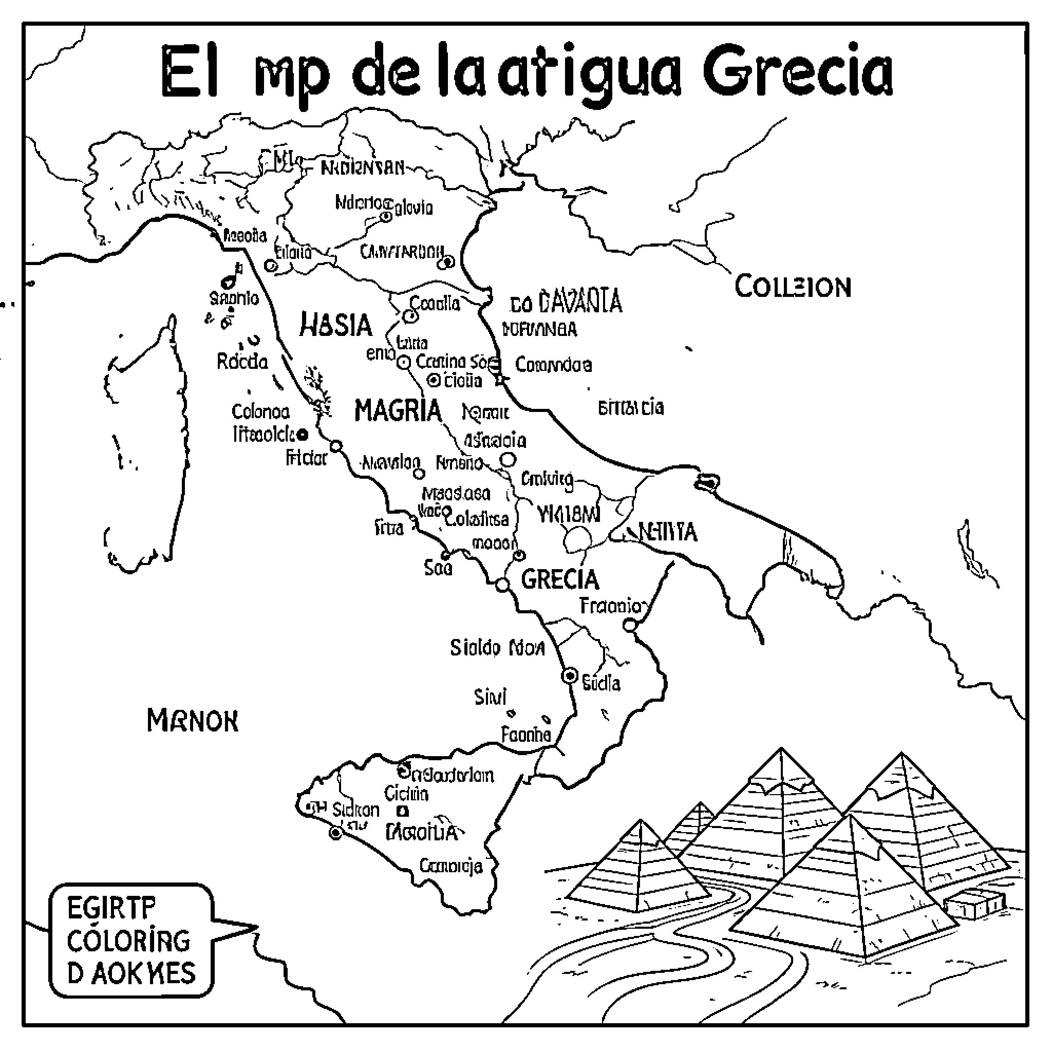 Mapa de la antigua Grecia con ciudades y regiones Coloring Page (free black-and-white line drawing printable PDF for all, from beginners to advanced learners, including children, teens, adults, and seniors)