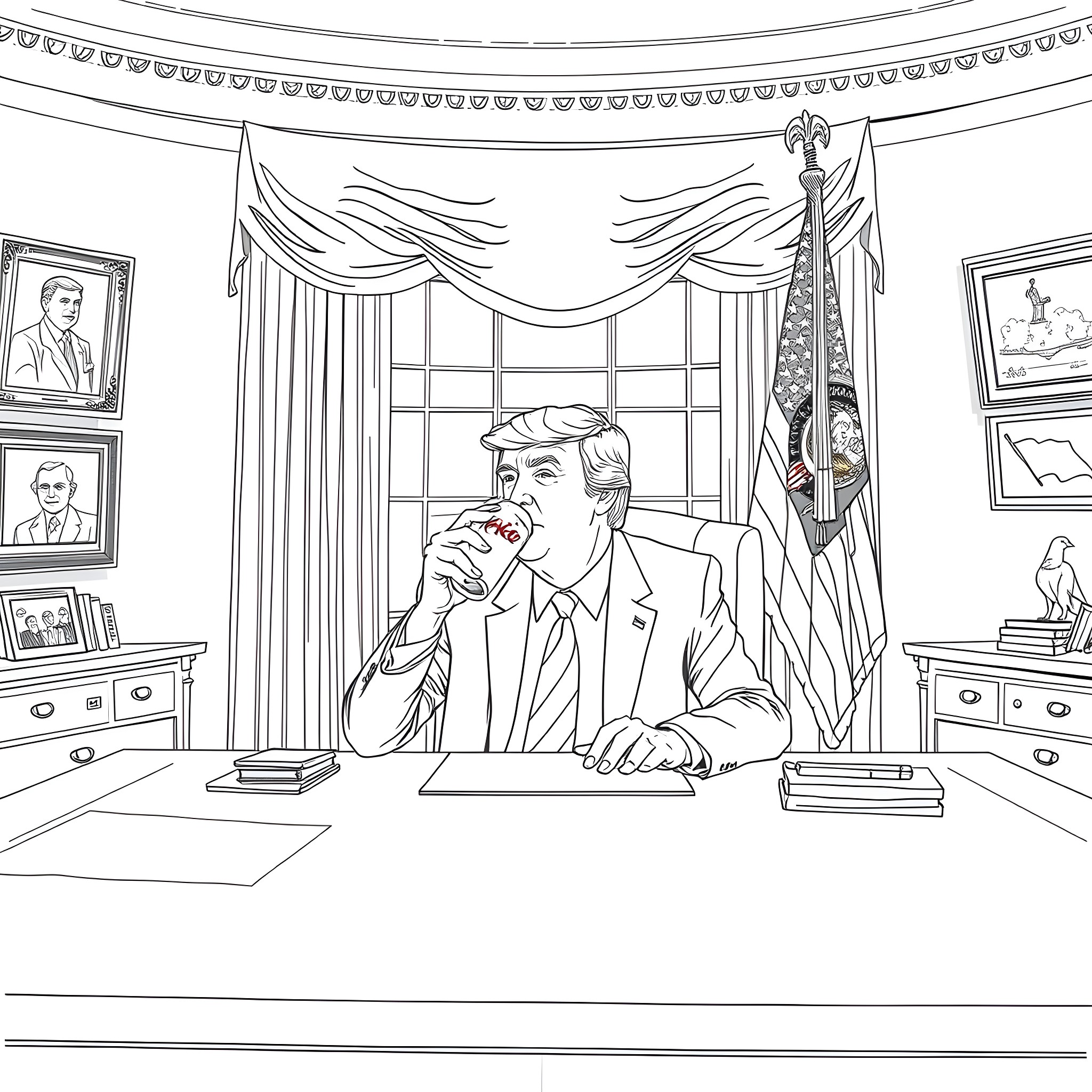 Donald Trump Sitting at Desk in Oval Office Coloring Page (free black-and-white line drawing printable PDF for all, from beginners to advanced learners, including children, teens, adults, and seniors)