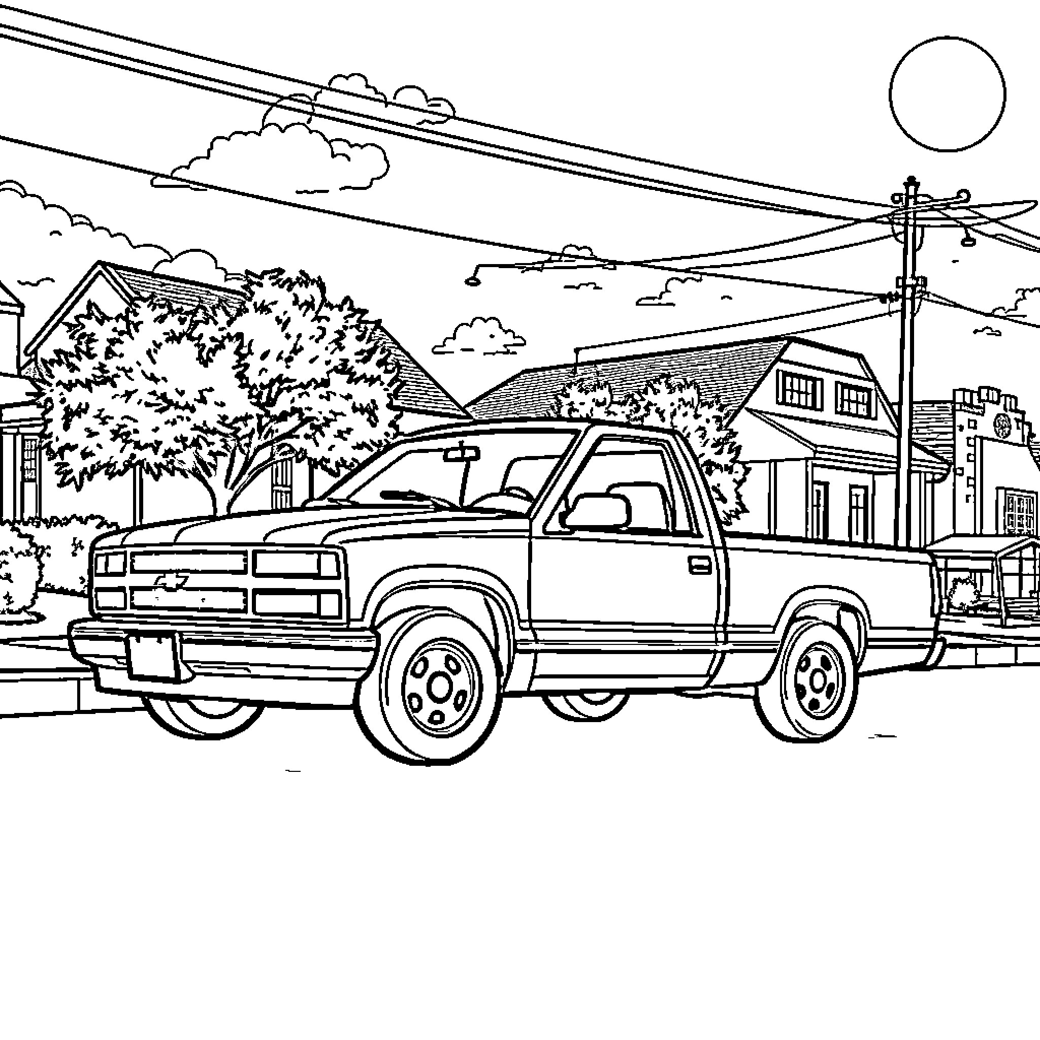 Chevrolet pickup truck in a rural town setting Coloring Page (free black-and-white line drawing printable PDF for all, from beginners to advanced learners, including children, teens, adults, and seniors)