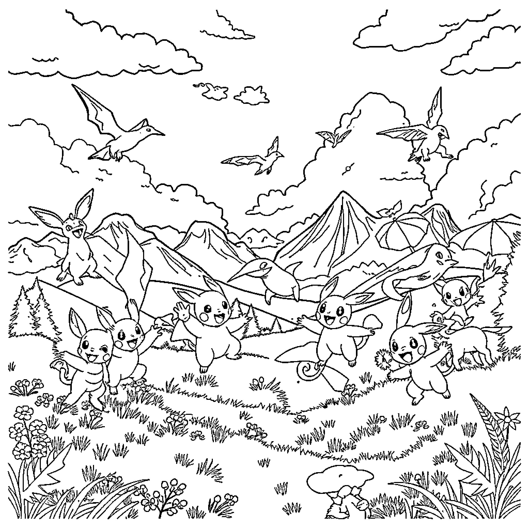 Pokémon characters exploring the mountainous landscape Coloring Page (free black-and-white line drawing printable PDF for all, from beginners to advanced learners, including children, teens, adults, and seniors)