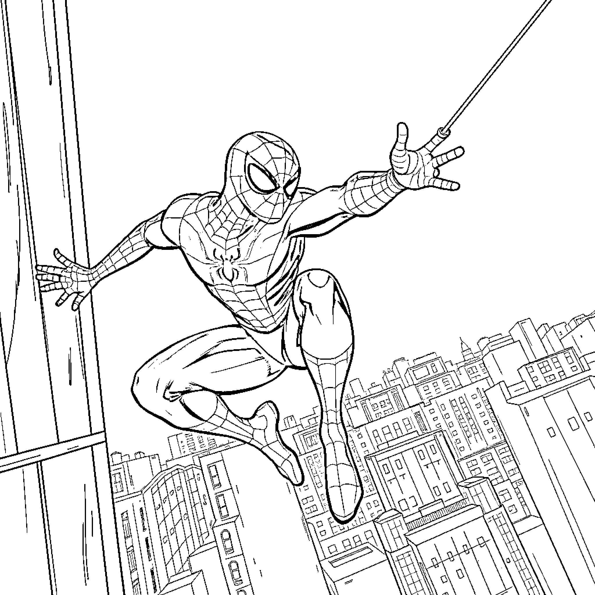 Spiderman swinging through the city skyline Coloring Page (free black-and-white line drawing printable PDF for all, from beginners to advanced learners, including children, teens, adults, and seniors)