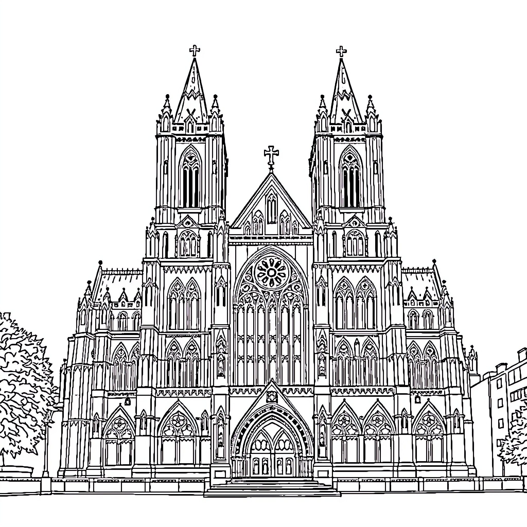 Westminster Abbey in Gothic architectural style Coloring Page (free black-and-white line drawing printable PDF for all, from beginners to advanced learners, including children, teens, adults, and seniors)