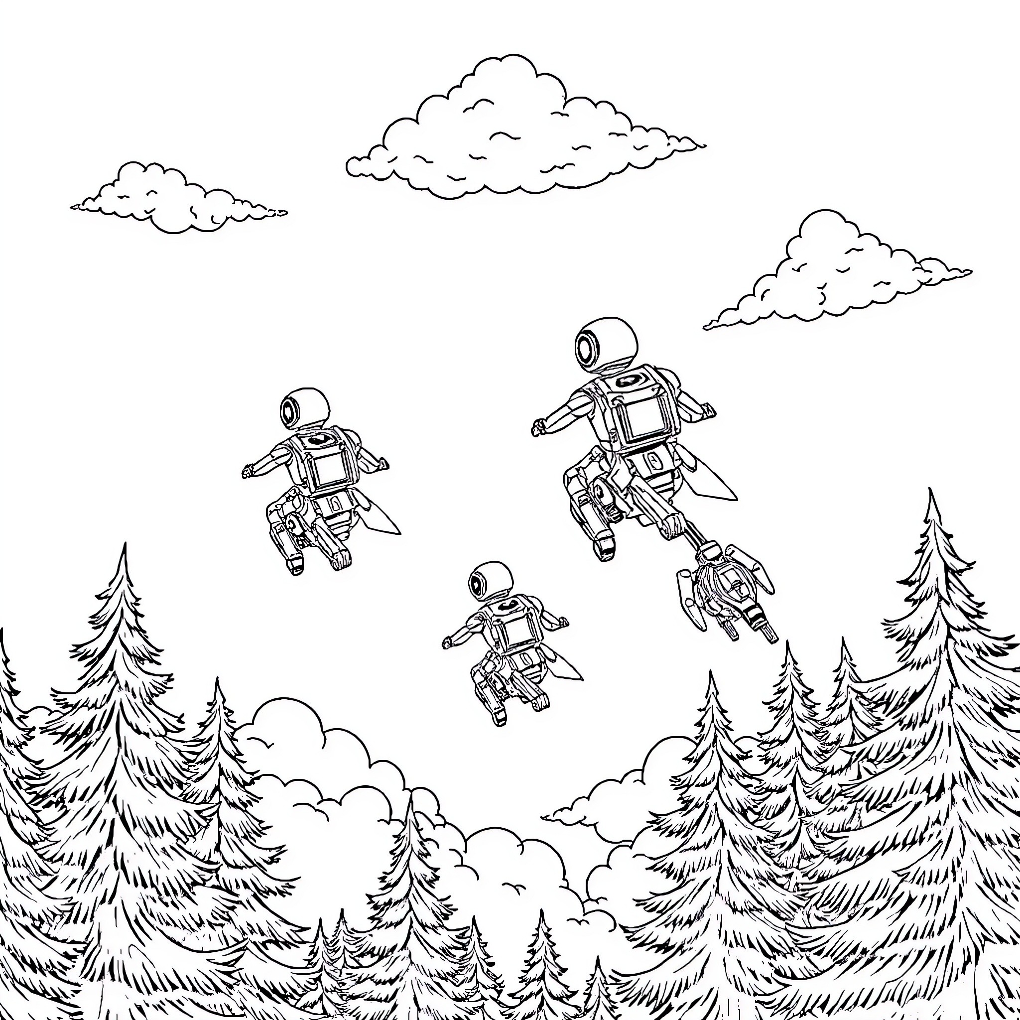 Robot astronauts exploring the forest landscape Coloring Page (free black-and-white line drawing printable PDF for all, from beginners to advanced learners, including children, teens, adults, and seniors)