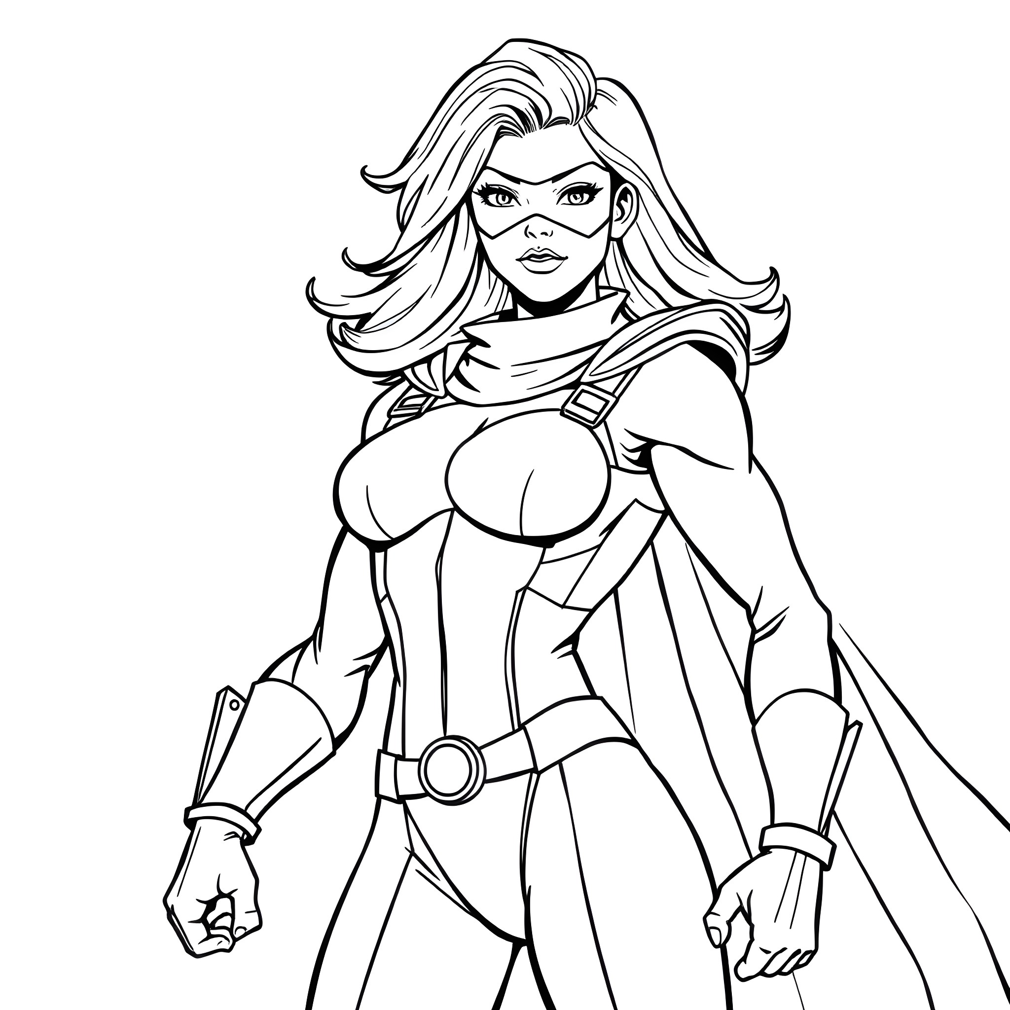 Wonder Woman in heroic action pose Coloring Page (free black-and-white line drawing printable PDF for all, from beginners to advanced learners, including children, teens, adults, and seniors)