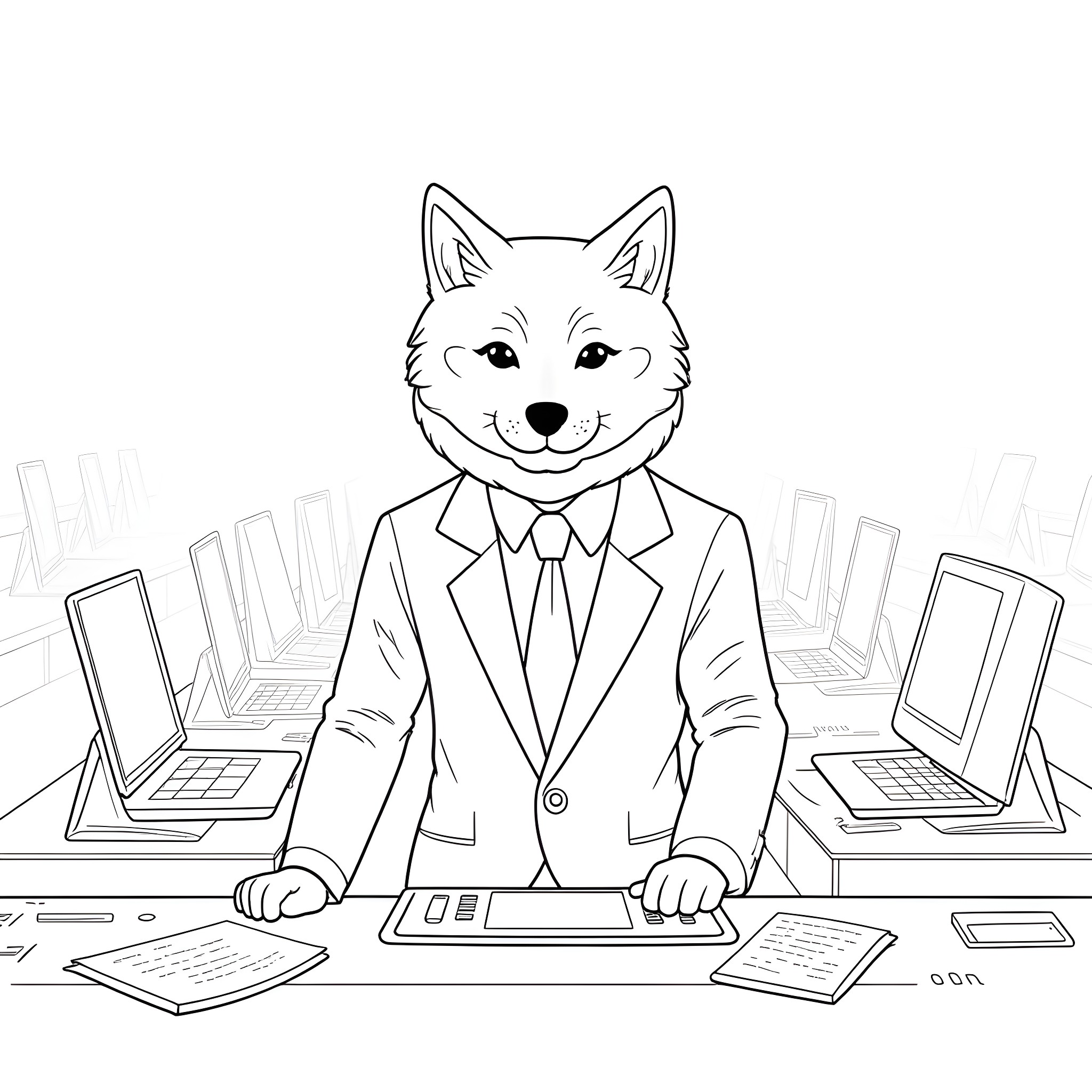 Shiba Inu in business attire working at desk Coloring Page (free black-and-white line drawing printable PDF for all, from beginners to advanced learners, including children, teens, adults, and seniors)