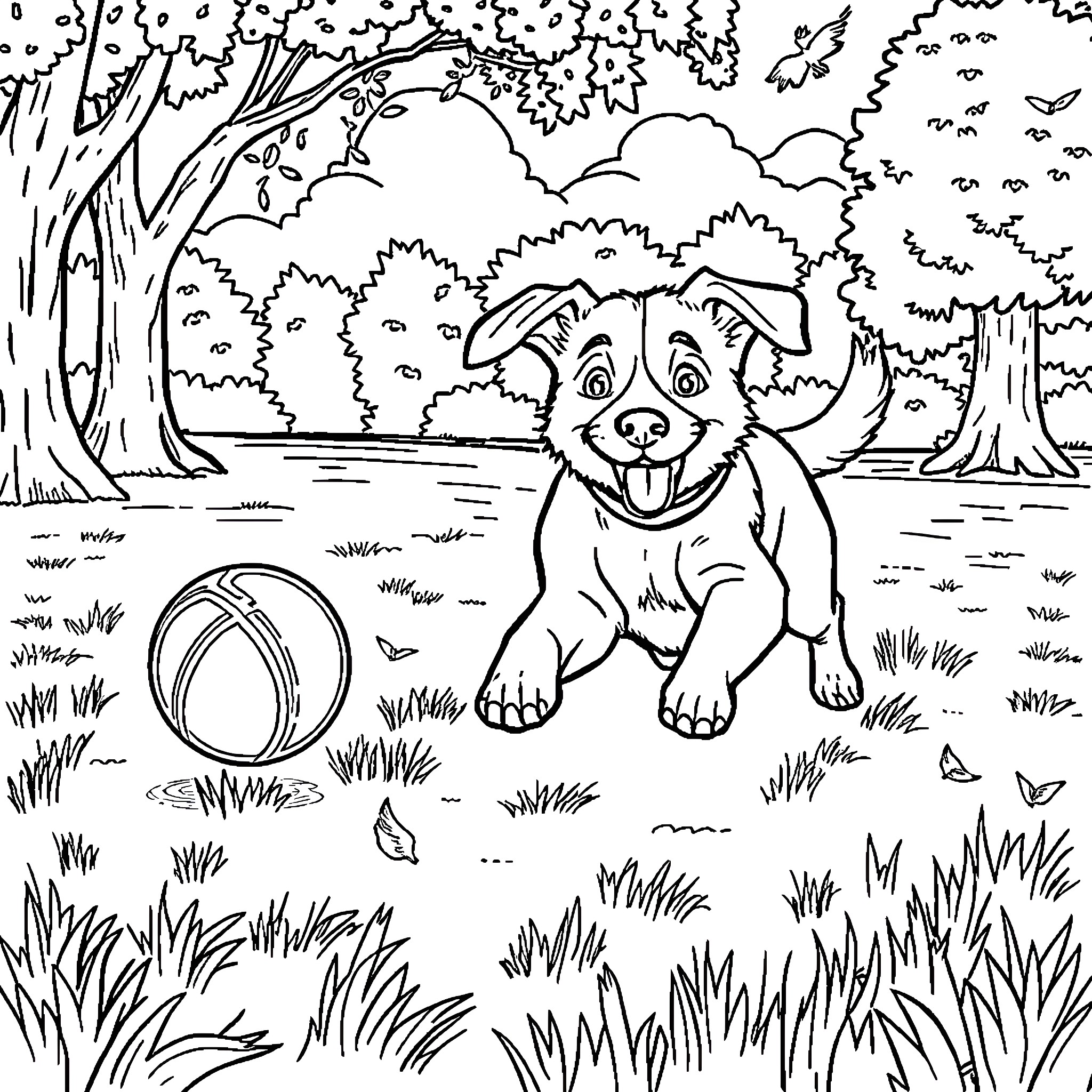 Dog playing joyfully in the park Coloring Page (free black-and-white line drawing printable PDF for all, from beginners to advanced learners, including children, teens, adults, and seniors)
