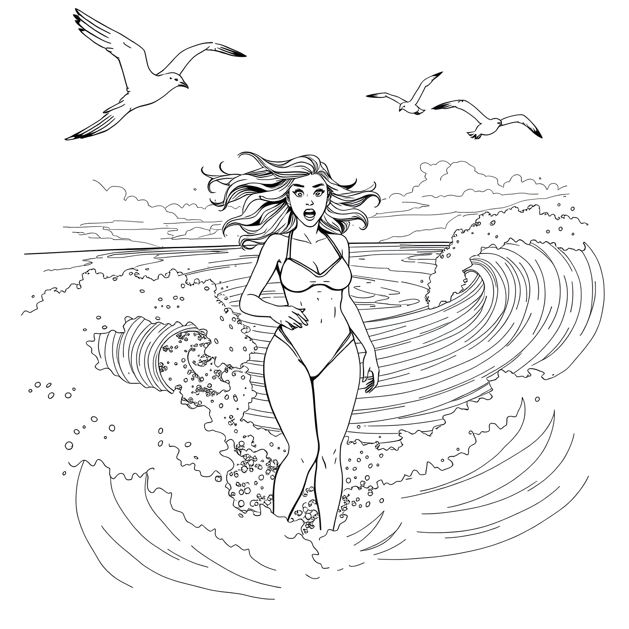 Woman walking in the waves near the seashore Coloring Page (free black-and-white line drawing printable PDF for all, from beginners to advanced learners, including children, teens, adults, and seniors)