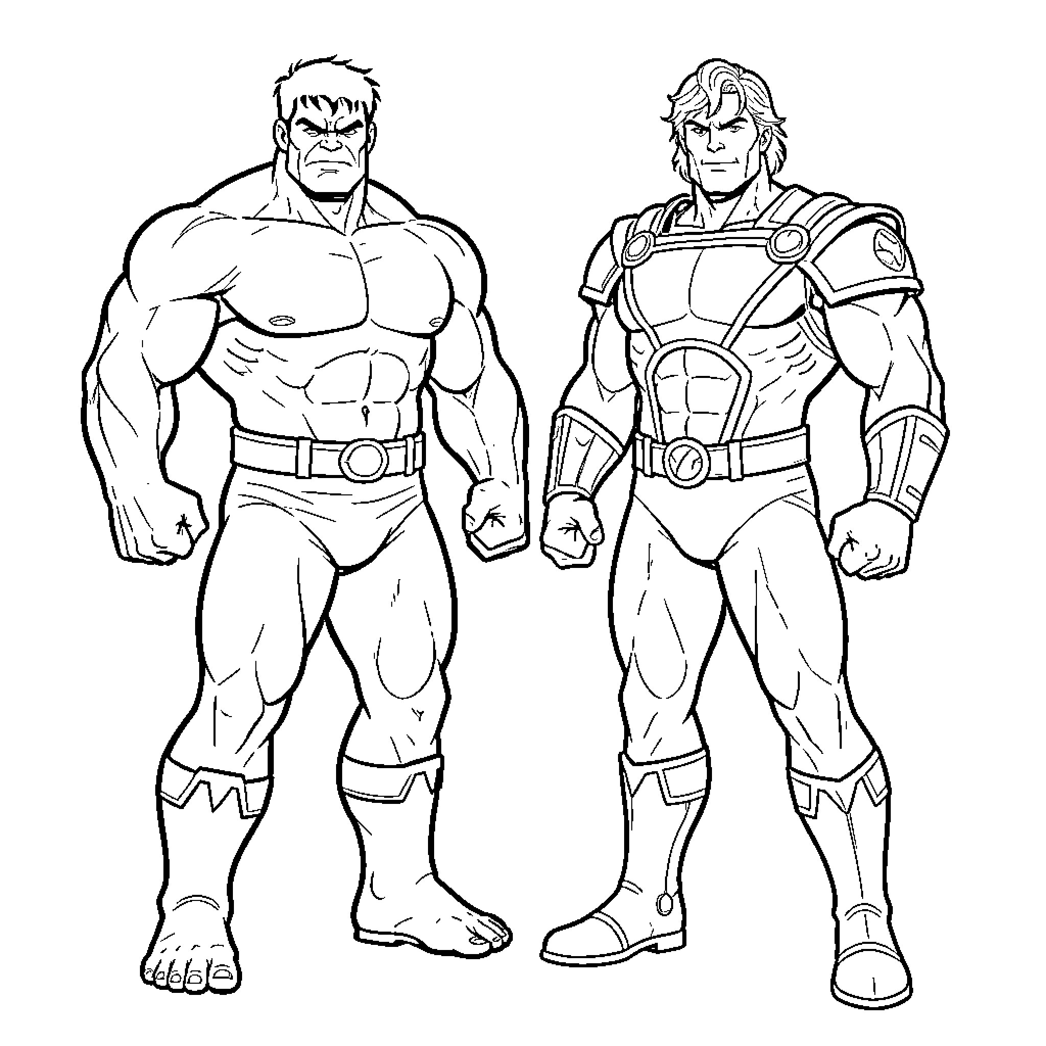 Hulk and Thor standing in powerful poses Coloring Page (free black-and-white line drawing printable PDF for all, from beginners to advanced learners, including children, teens, adults, and seniors)
