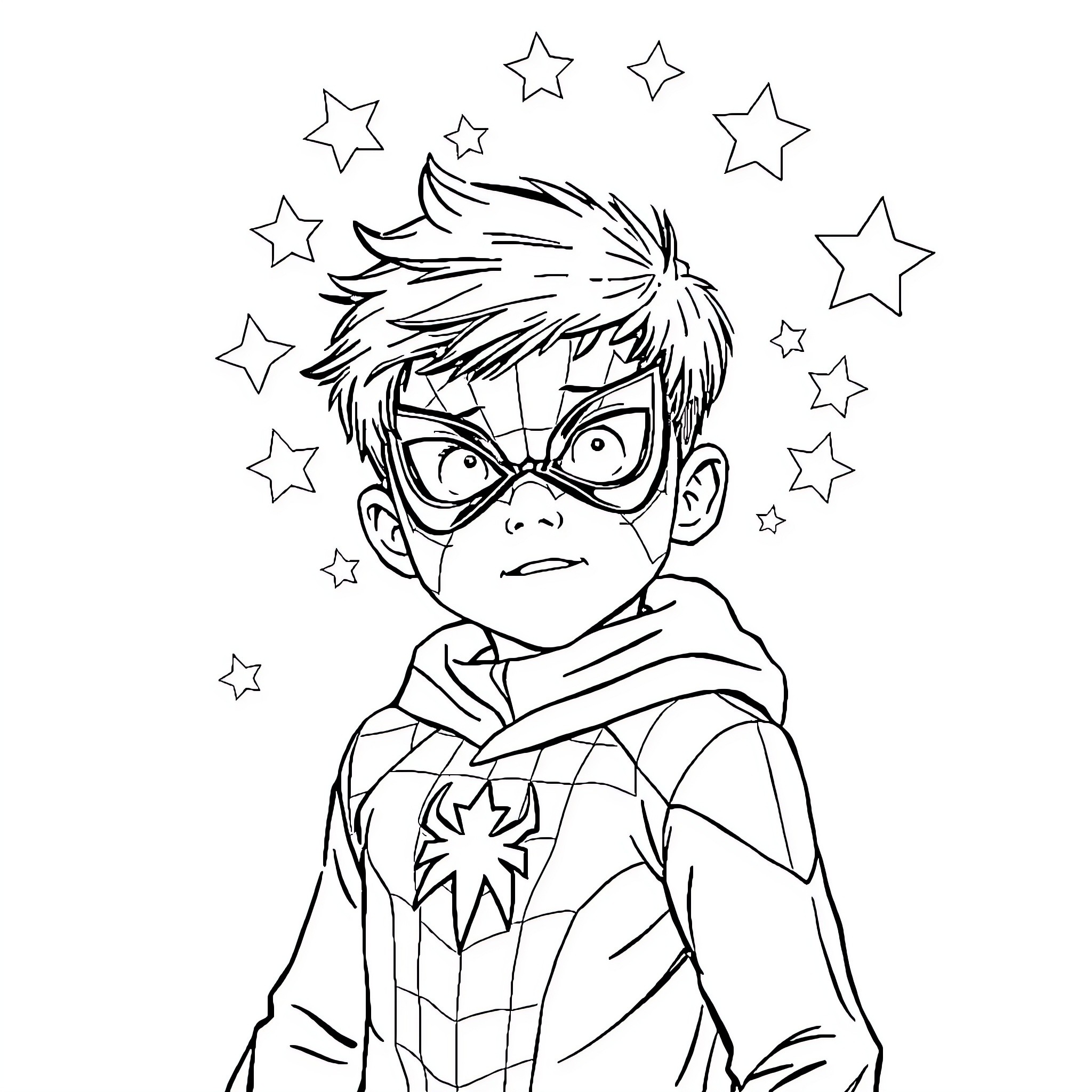 Spiderman in a Starry Costume Coloring Page (free black-and-white line drawing printable PDF for all, from beginners to advanced learners, including children, teens, adults, and seniors)