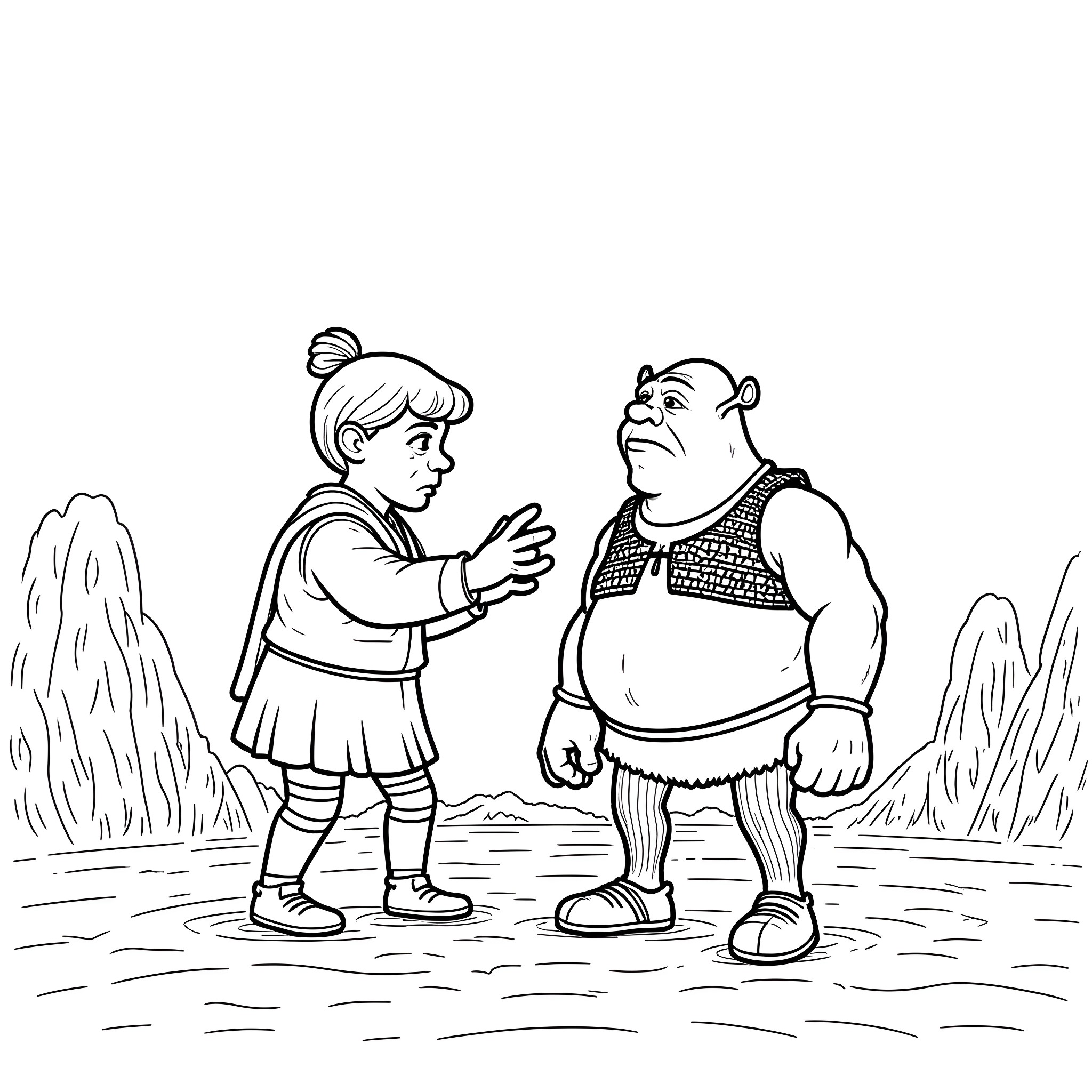 Shrek and a young girl in a fantasy setting Coloring Page (free black-and-white line drawing printable PDF for all, from beginners to advanced learners, including children, teens, adults, and seniors)