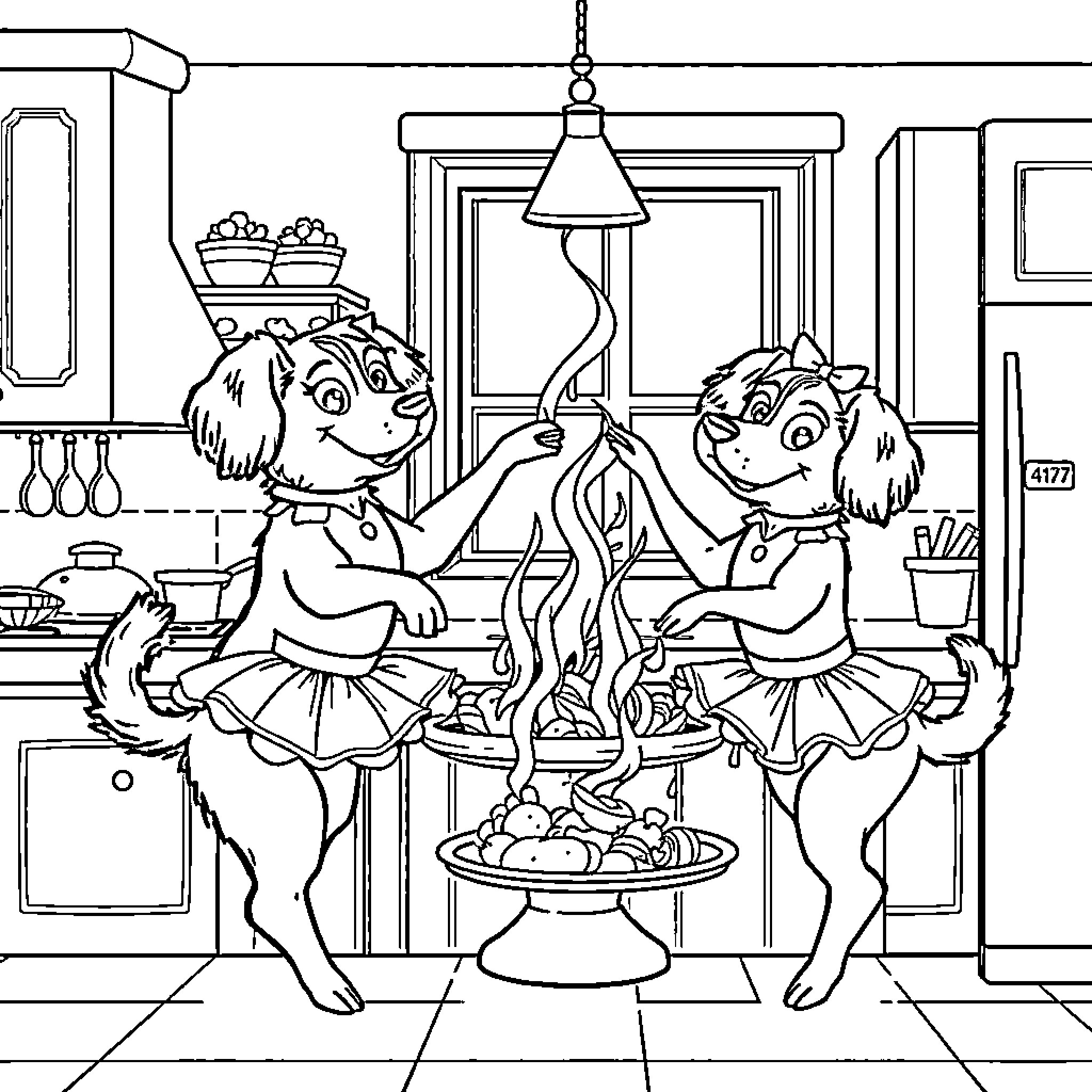 Ballerina Dogs Dancing in the Kitchen Coloring Page (free black-and-white line drawing printable PDF for all, from beginners to advanced learners, including children, teens, adults, and seniors)