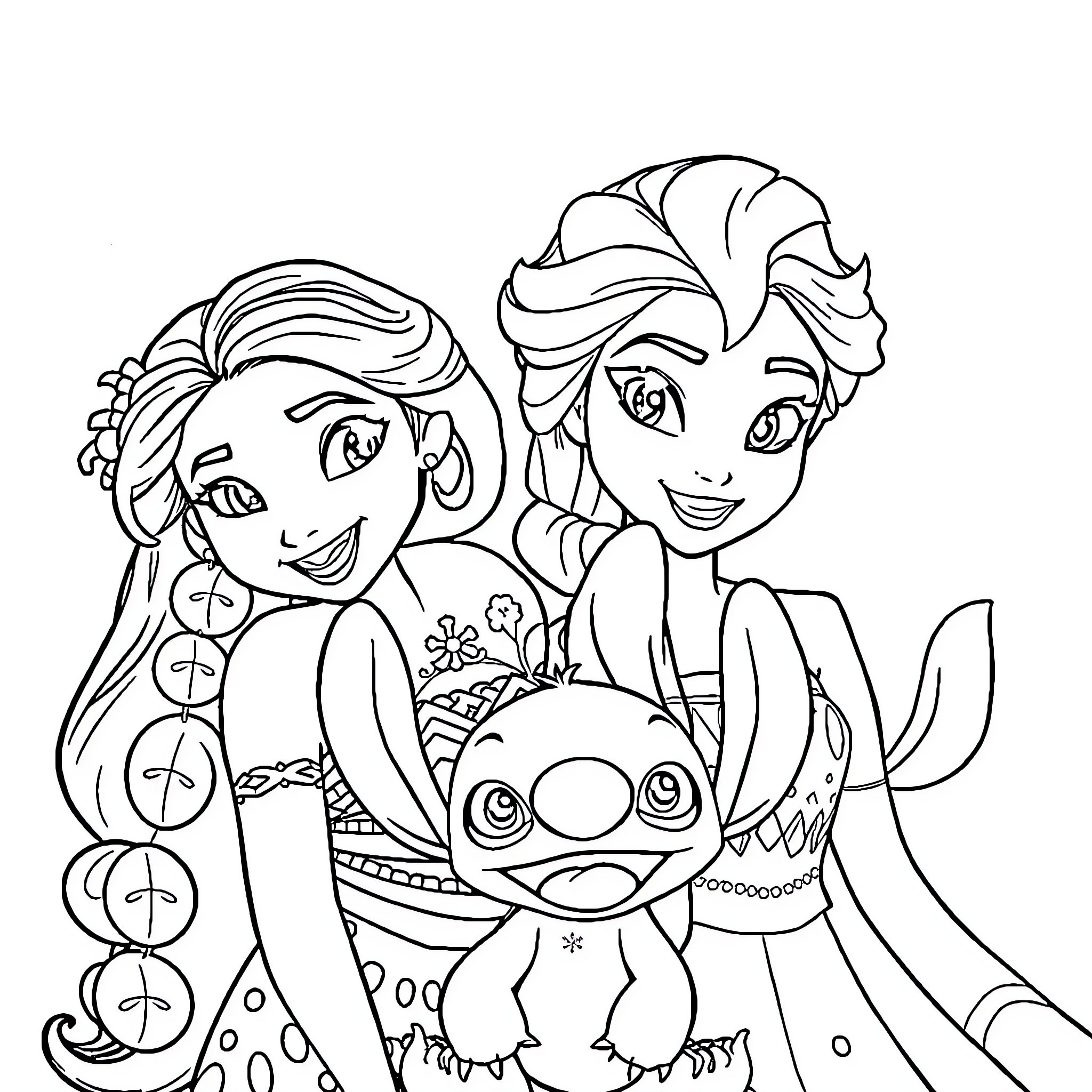 Vaiana exploring the ocean with her friends Coloring Page (free black-and-white line drawing printable PDF for all, from beginners to advanced learners, including children, teens, adults, and seniors)