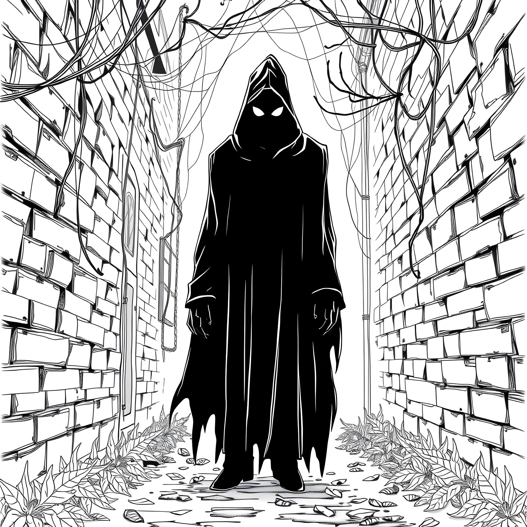 Human Hooded Figure in Dark Alley Coloring Page (free black-and-white line drawing printable PDF for all, from beginners to advanced learners, including children, teens, adults, and seniors)