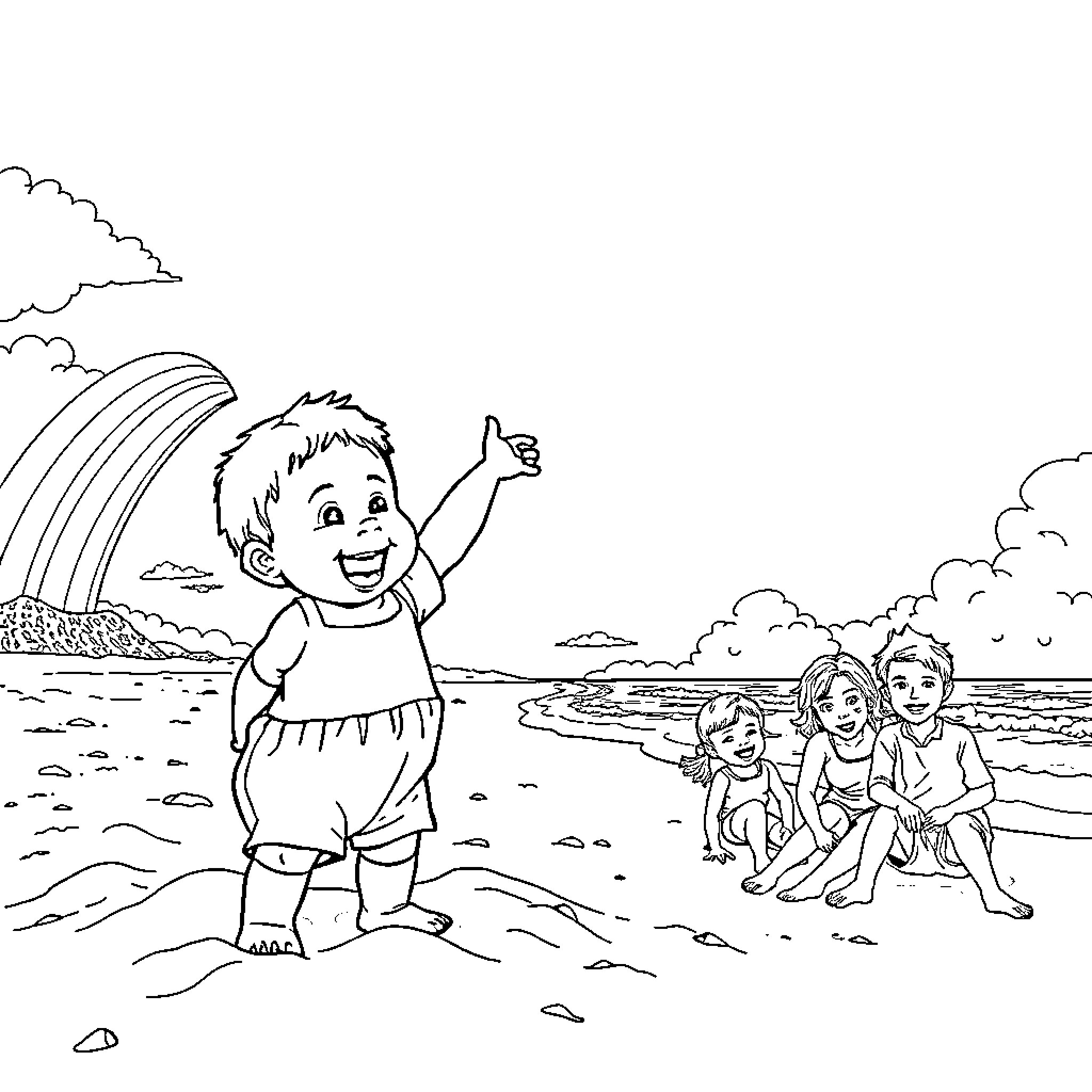 Toddler exploring the beach with friends Coloring Page (free black-and-white line drawing printable PDF for all, from beginners to advanced learners, including children, teens, adults, and seniors)