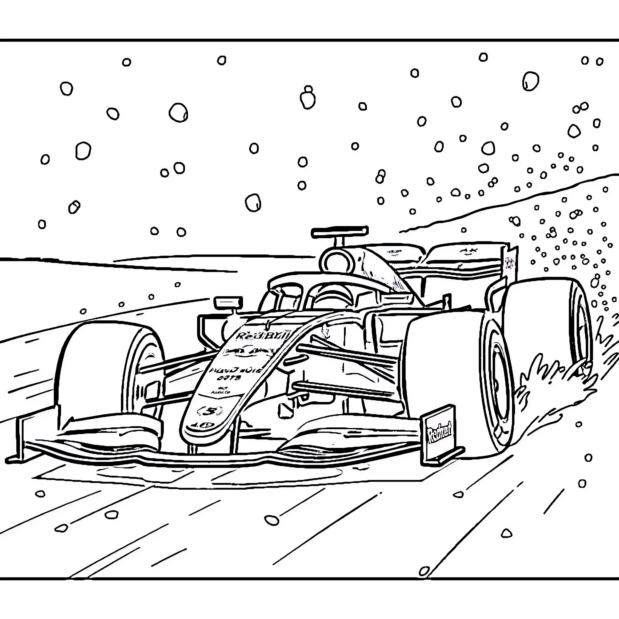 Formula 1 Racecar Speeding on the Track Coloring Page (free black-and-white line drawing printable PDF for all, from beginners to advanced learners, including children, teens, adults, and seniors)