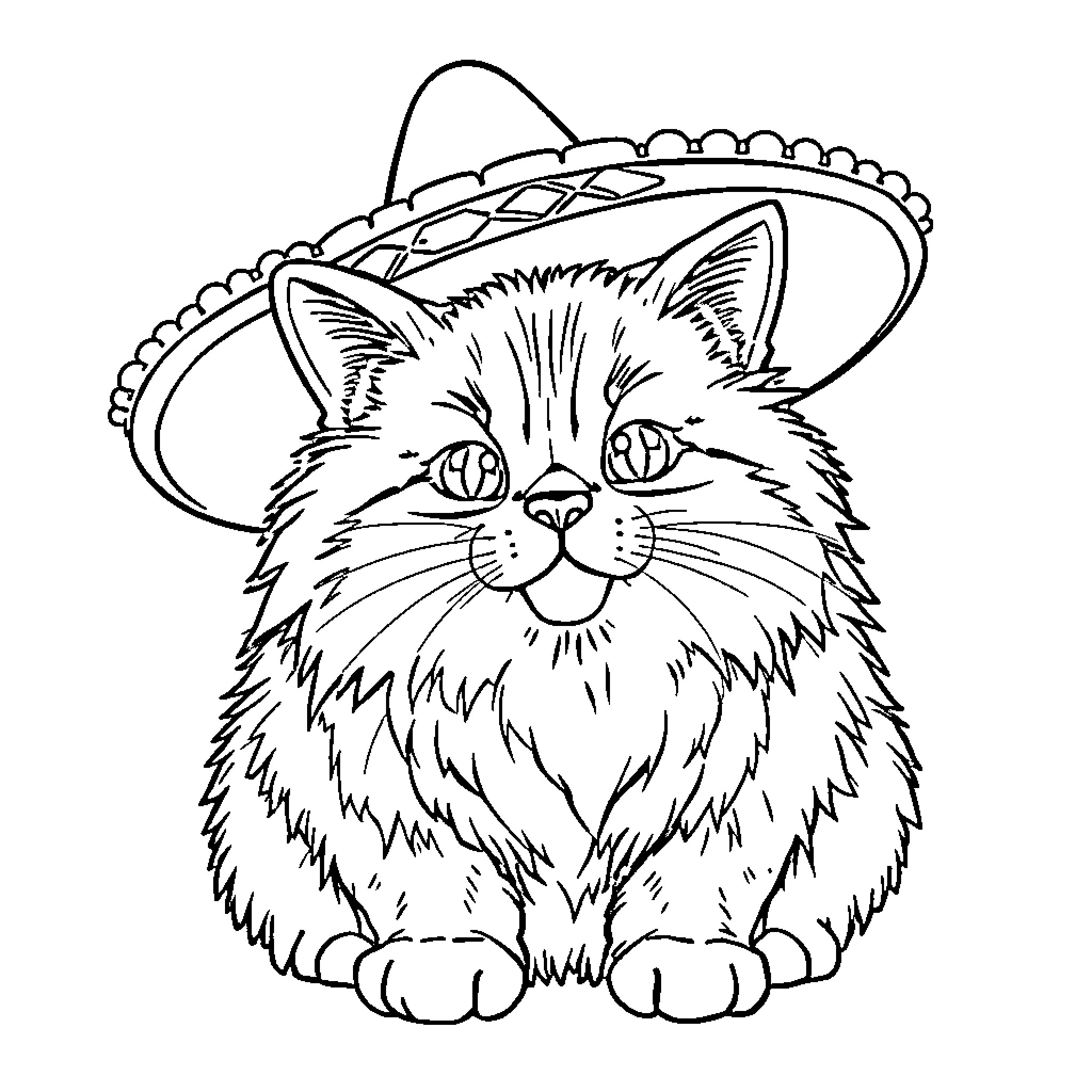 Fat Cat wearing a colorful sombrero Coloring Page (free black-and-white line drawing printable PDF for all, from beginners to advanced learners, including children, teens, adults, and seniors)