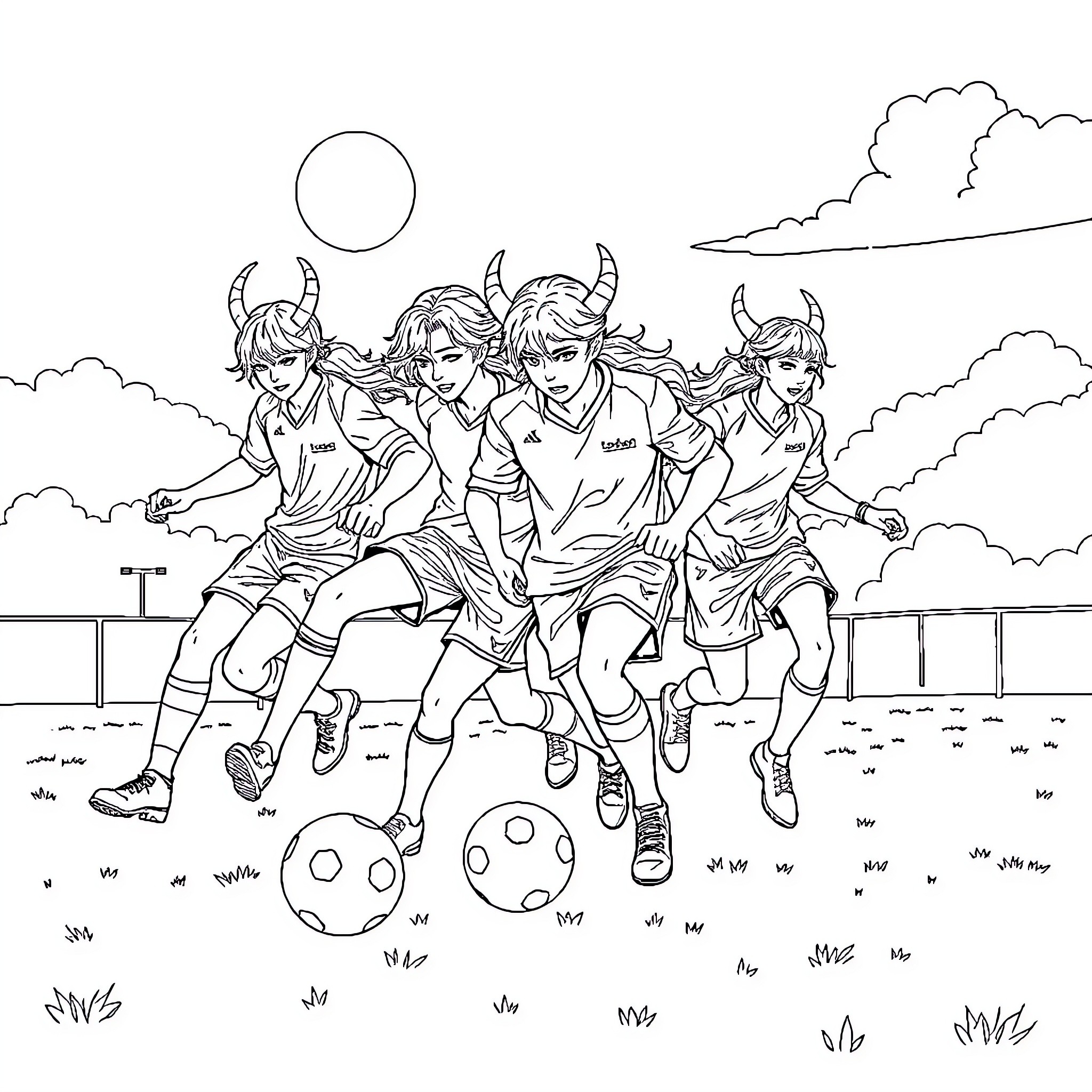 Kpop Demon Hunters Engage in Intense Soccer Match Coloring Page (free black-and-white line drawing printable PDF for all, from beginners to advanced learners, including children, teens, adults, and seniors)