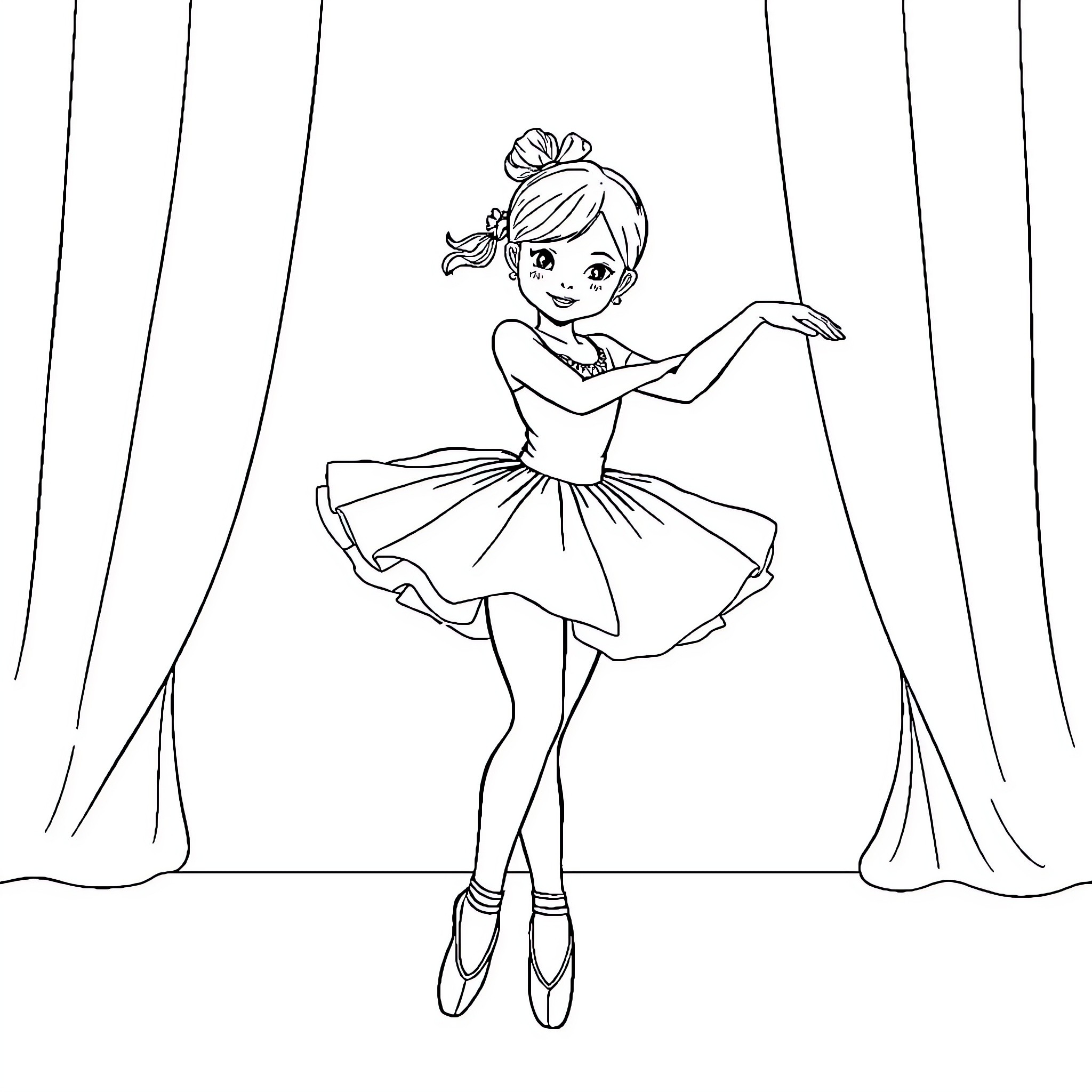 Ballet Girl Performing on Stage Coloring Page (free black-and-white line drawing printable PDF for all, from beginners to advanced learners, including children, teens, adults, and seniors)