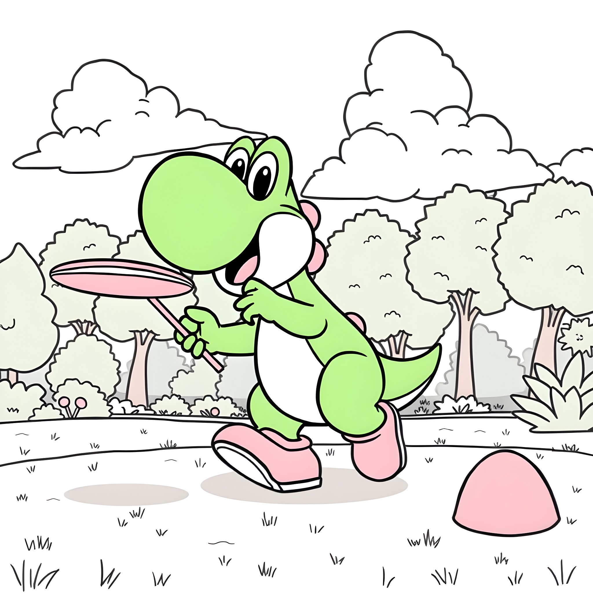 Yoshi exploring the whimsical forest landscape Coloring Page (free black-and-white line drawing printable PDF for all, from beginners to advanced learners, including children, teens, adults, and seniors)
