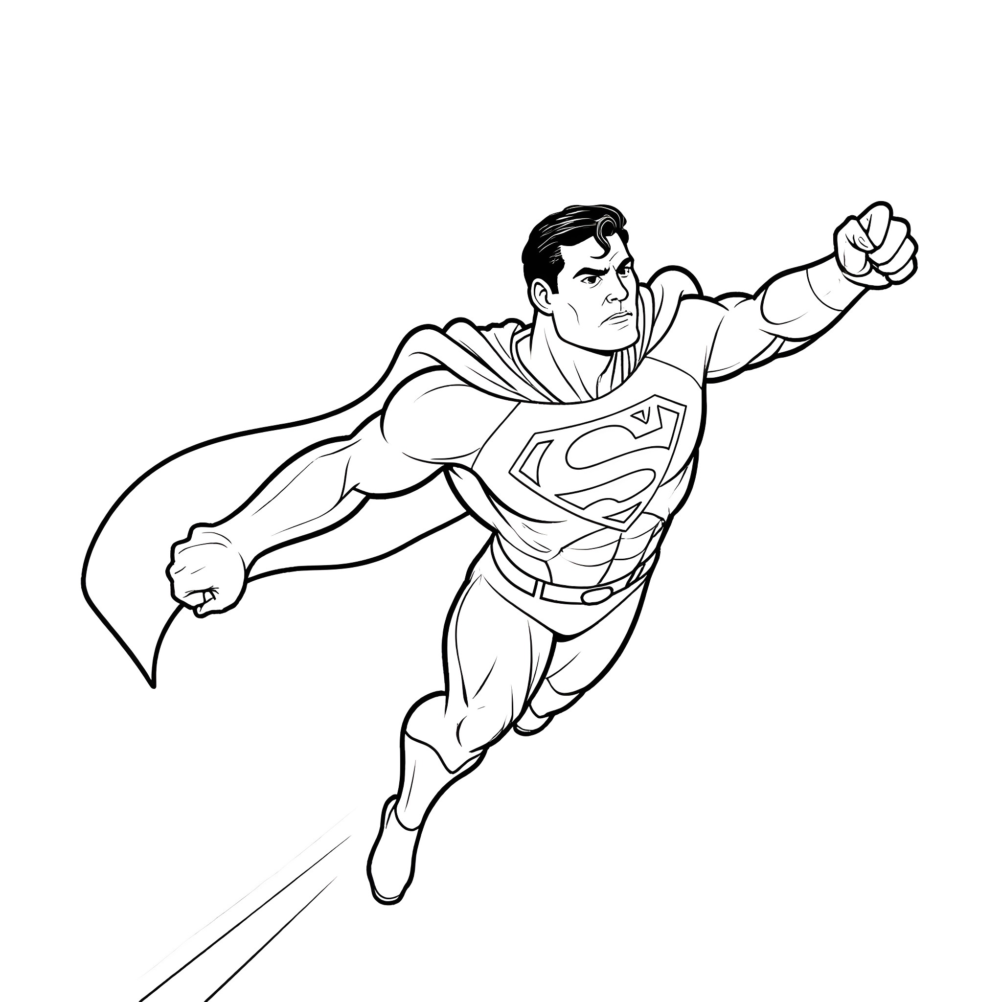 Superman flying in action pose Coloring Page (free black-and-white line drawing printable PDF for all, from beginners to advanced learners, including children, teens, adults, and seniors)